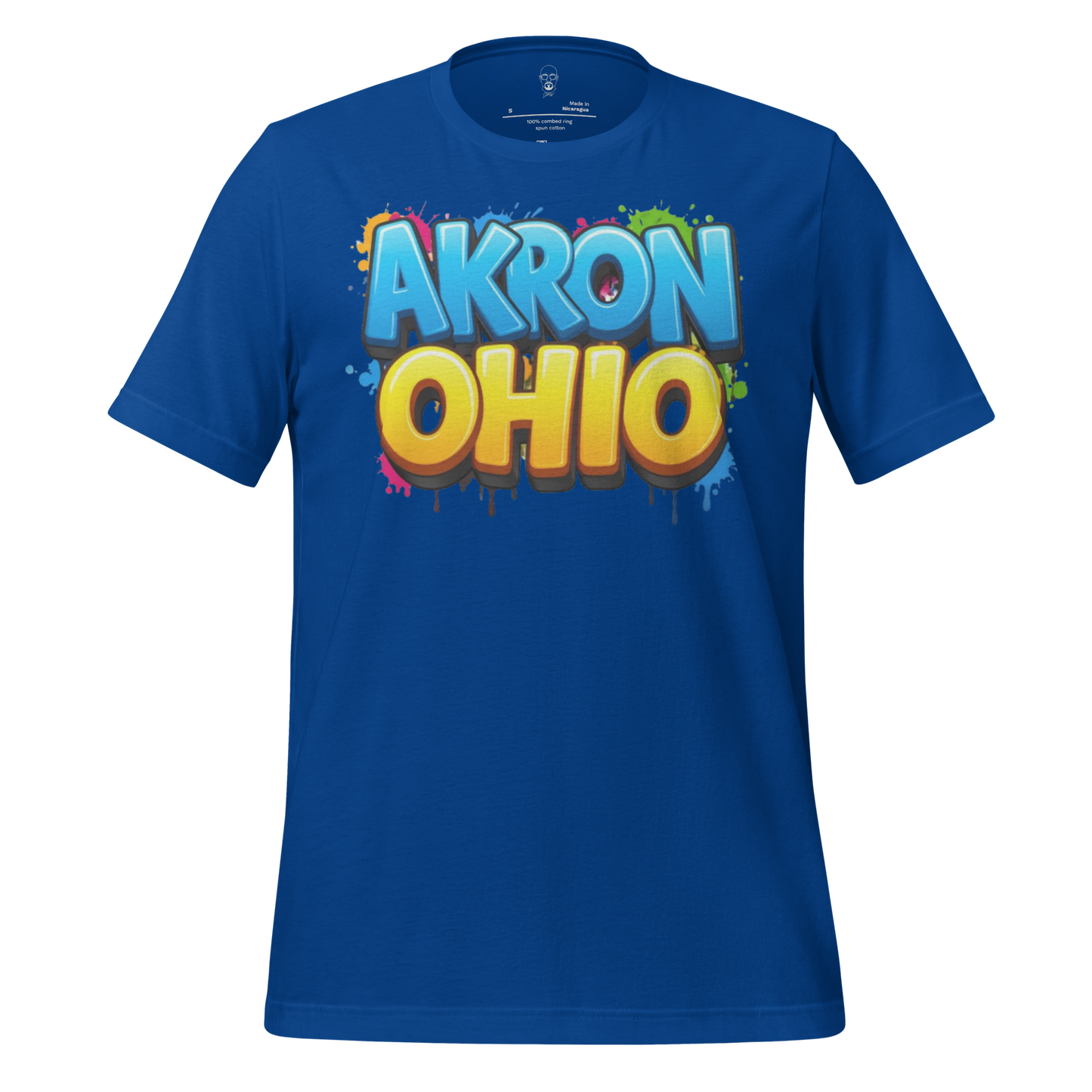 Blue Akron Ohio t-shirt with colorful graffiti style text design by JMK Drip