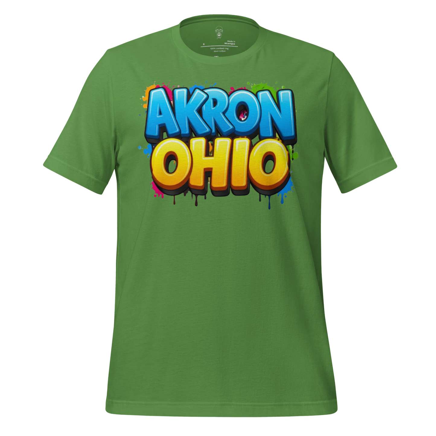 Green Akron Ohio t-shirt with vibrant graffiti-style blue and yellow lettering