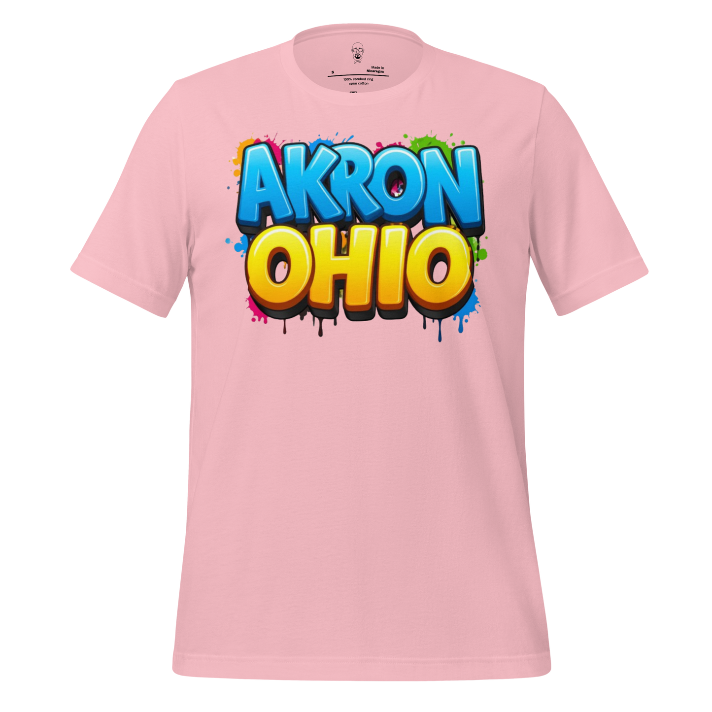 Pink Akron Ohio t-shirt with colorful graffiti style text design by JMK Drip