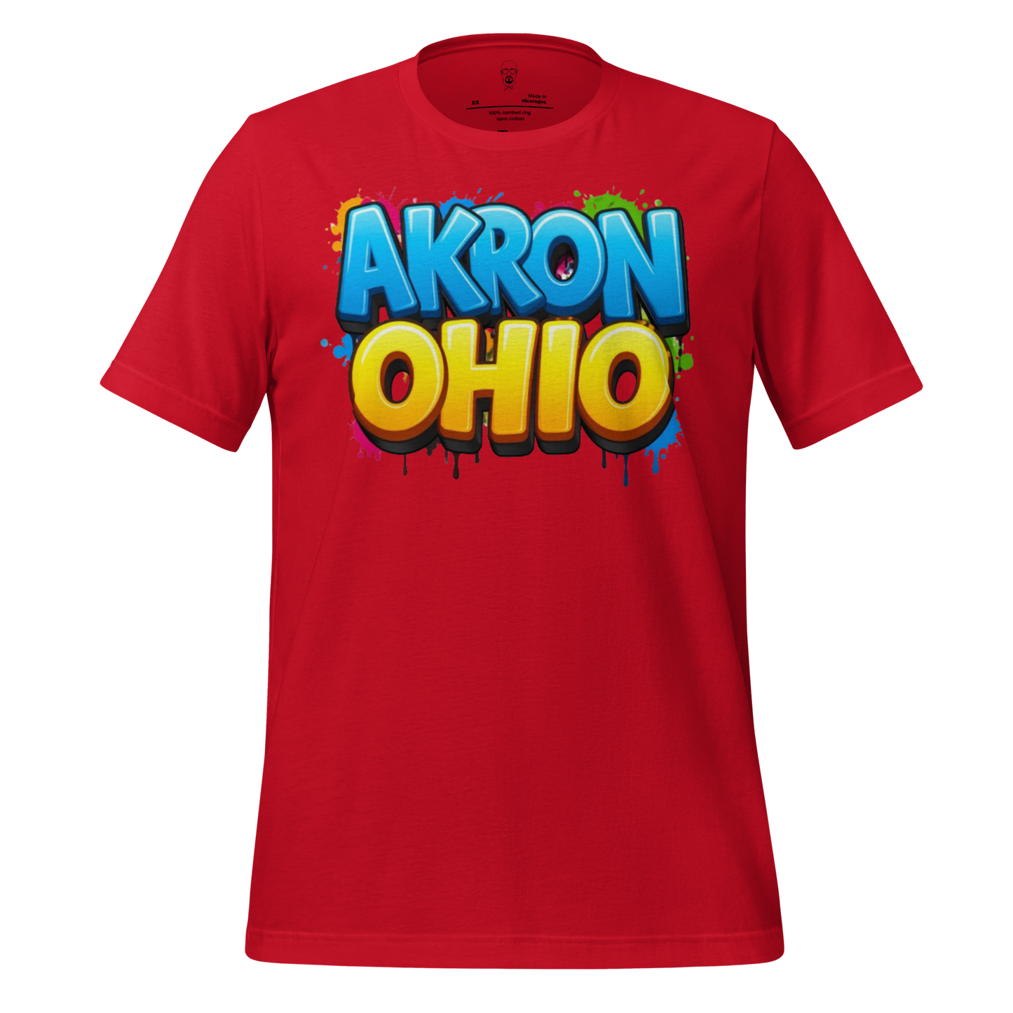 Red Akron Ohio t-shirt by JMK Drip with colorful graffiti style text design