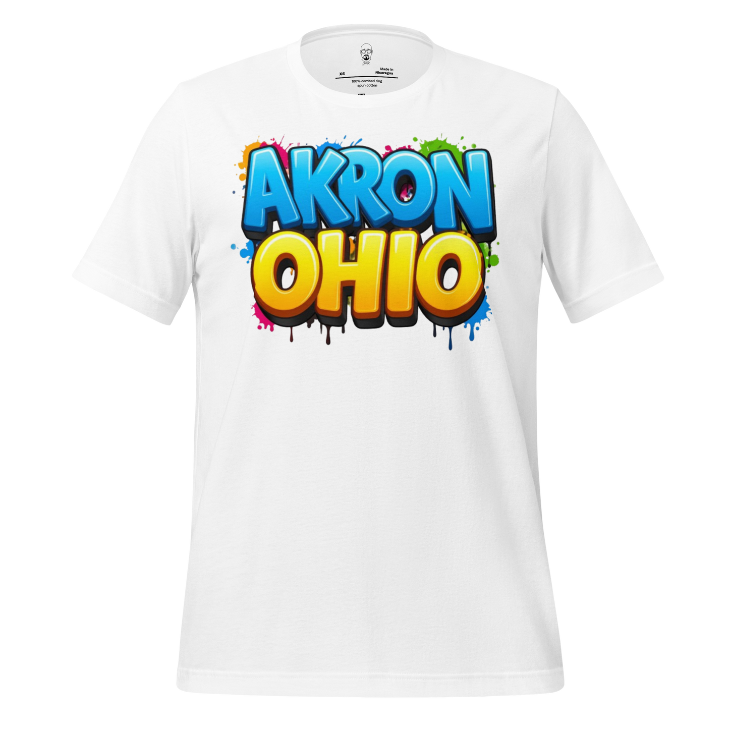 JMK Drip white Akron Ohio t-shirt with colorful graffiti style text design