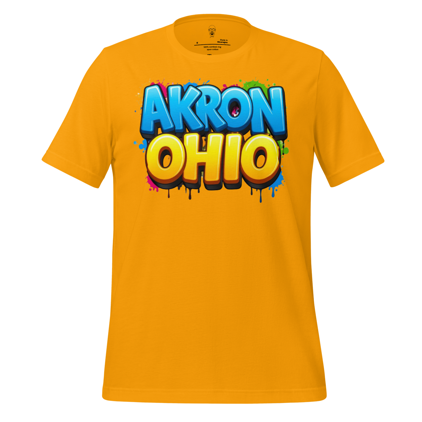 Yellow Akron Ohio t-shirt with colorful graffiti style graphic design by JMK Drip