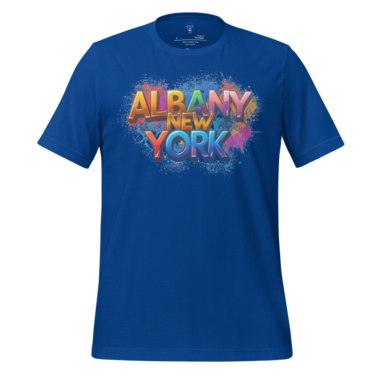 Royal blue Albany New York t-shirt with colorful spray paint graffiti design by JMK Drip