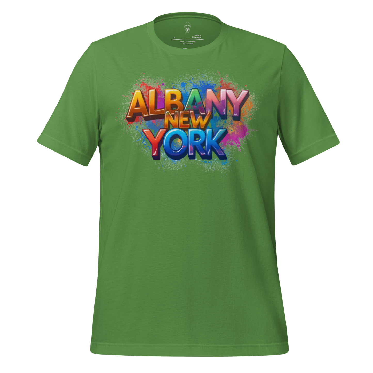 Green Albany New York t-shirt with colorful graphic text design by JMK Drip