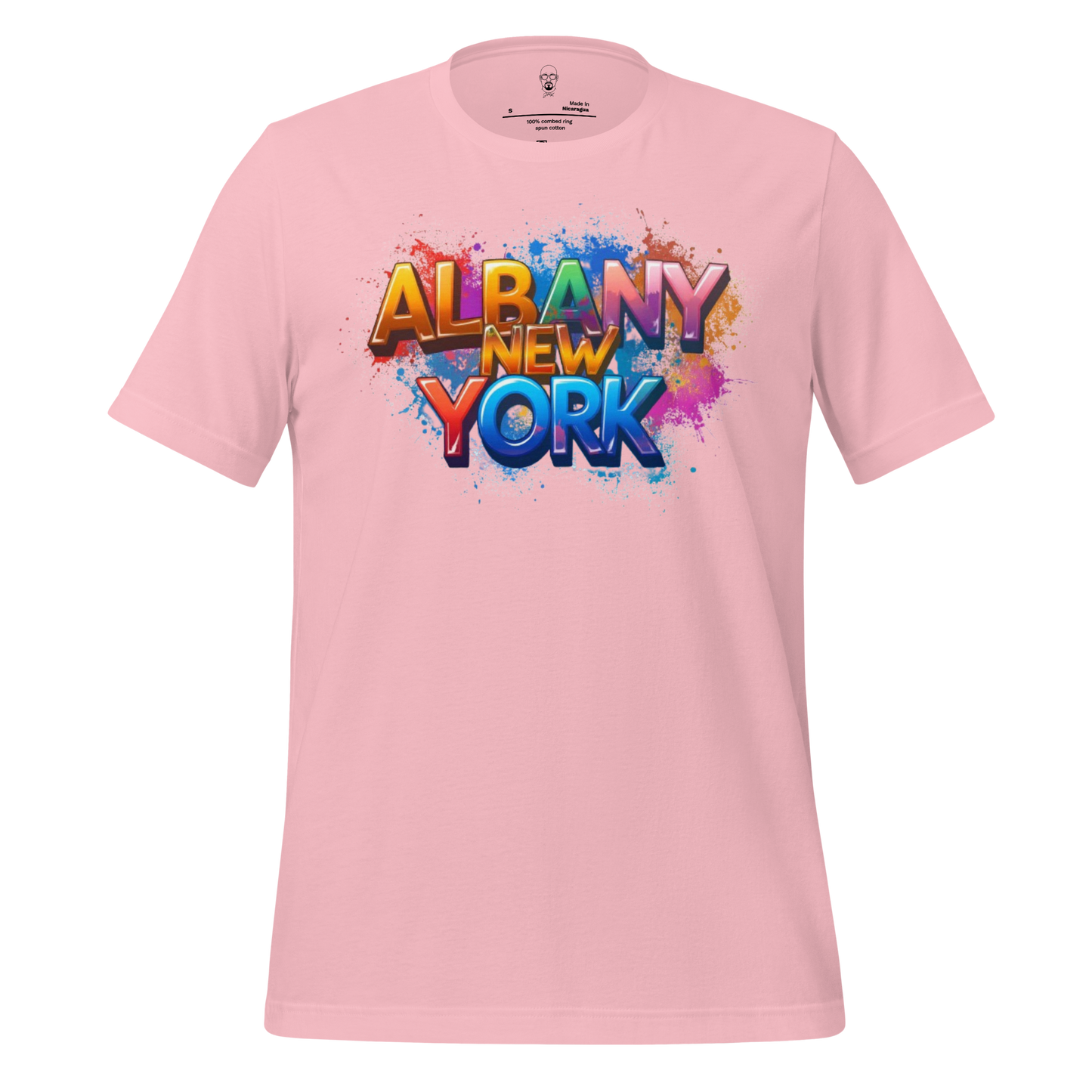 Pink Albany New York t-shirt with colorful graffiti style text design by JMK Drip