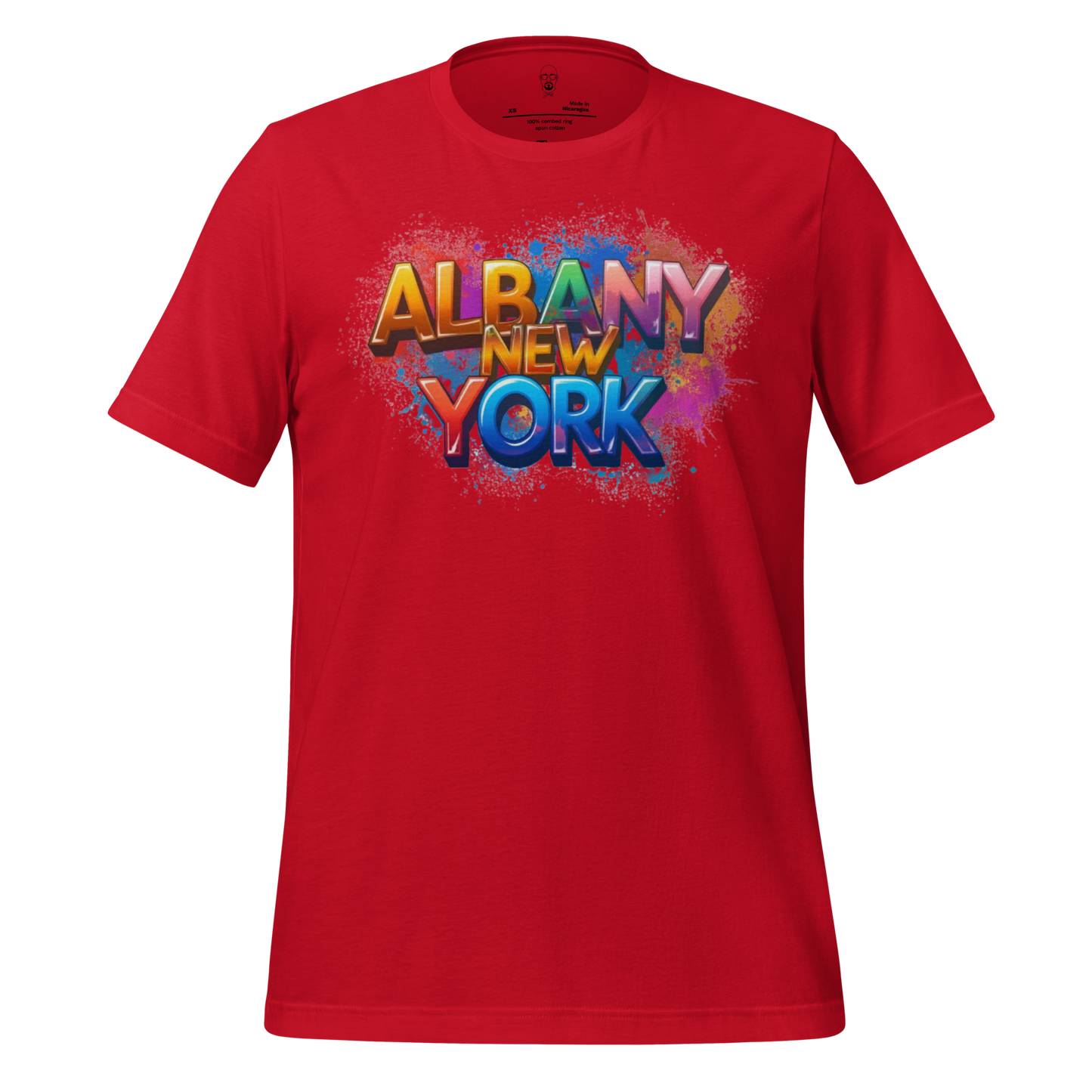 Red Albany New York t-shirt with colorful graffiti-style text design by JMK Drip