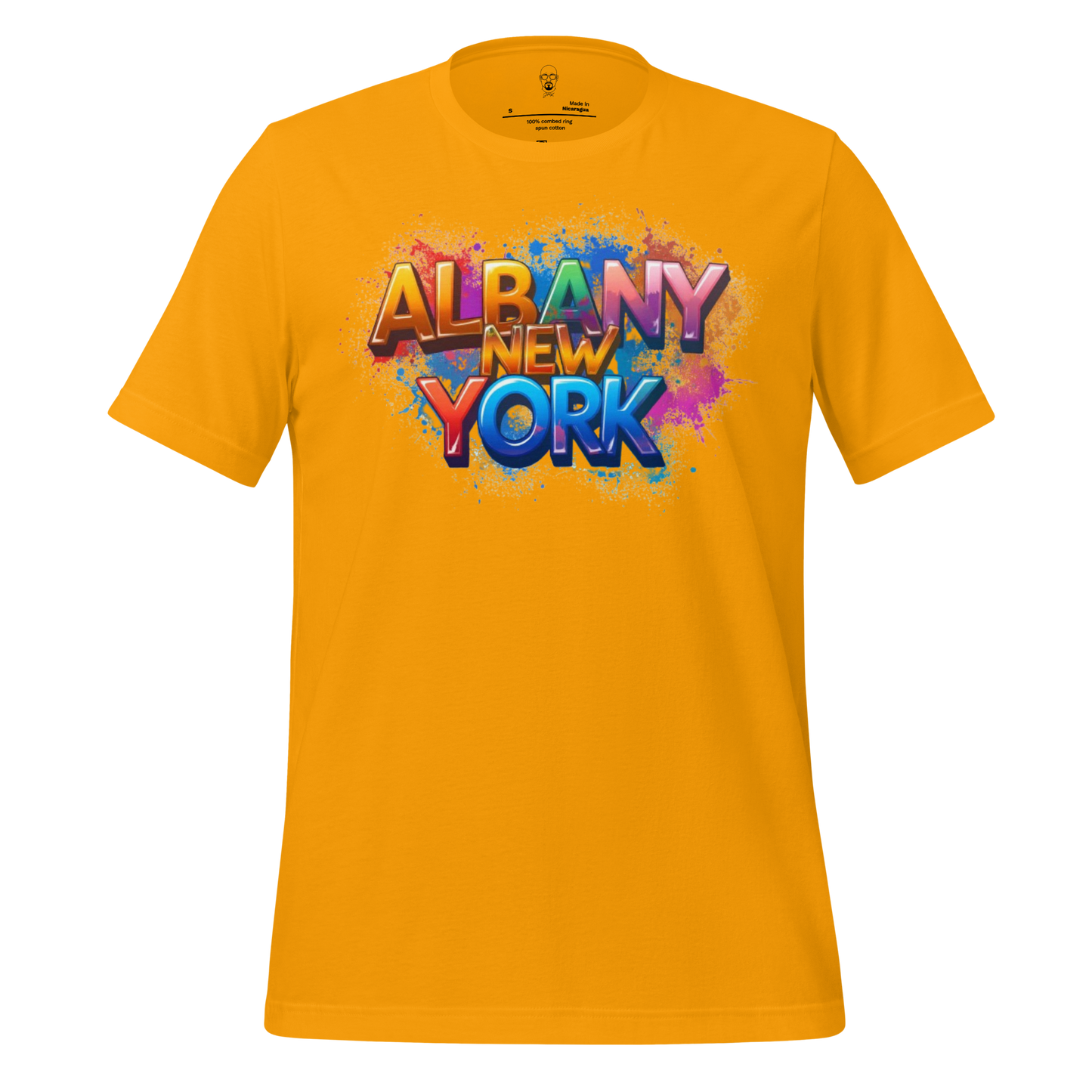 Yellow Albany New York t-shirt with colorful splatter design and bold text printed on front