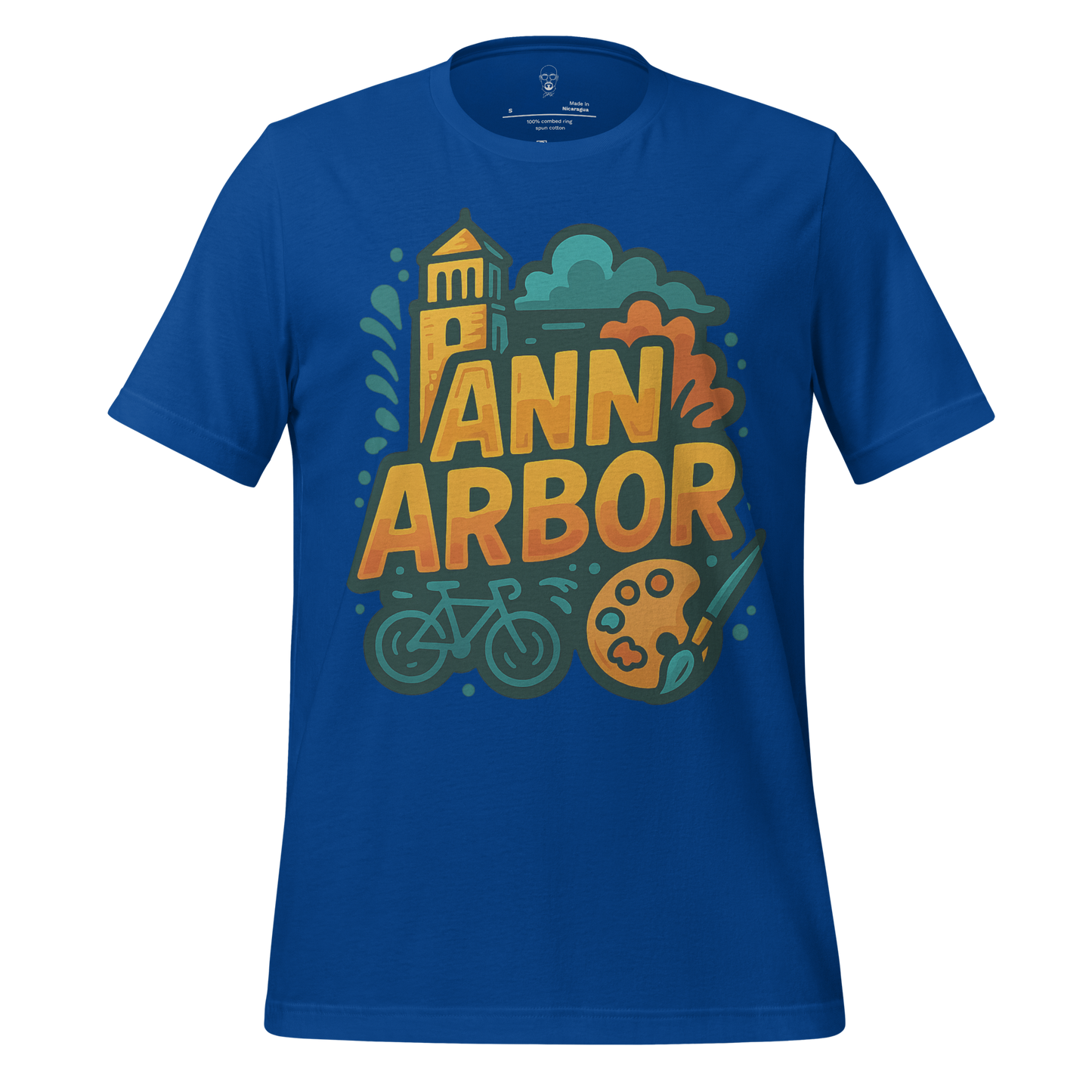 Blue JMK Drip Ann Arbor t-shirt with colorful graphic design of clock tower, bike, and artist palette