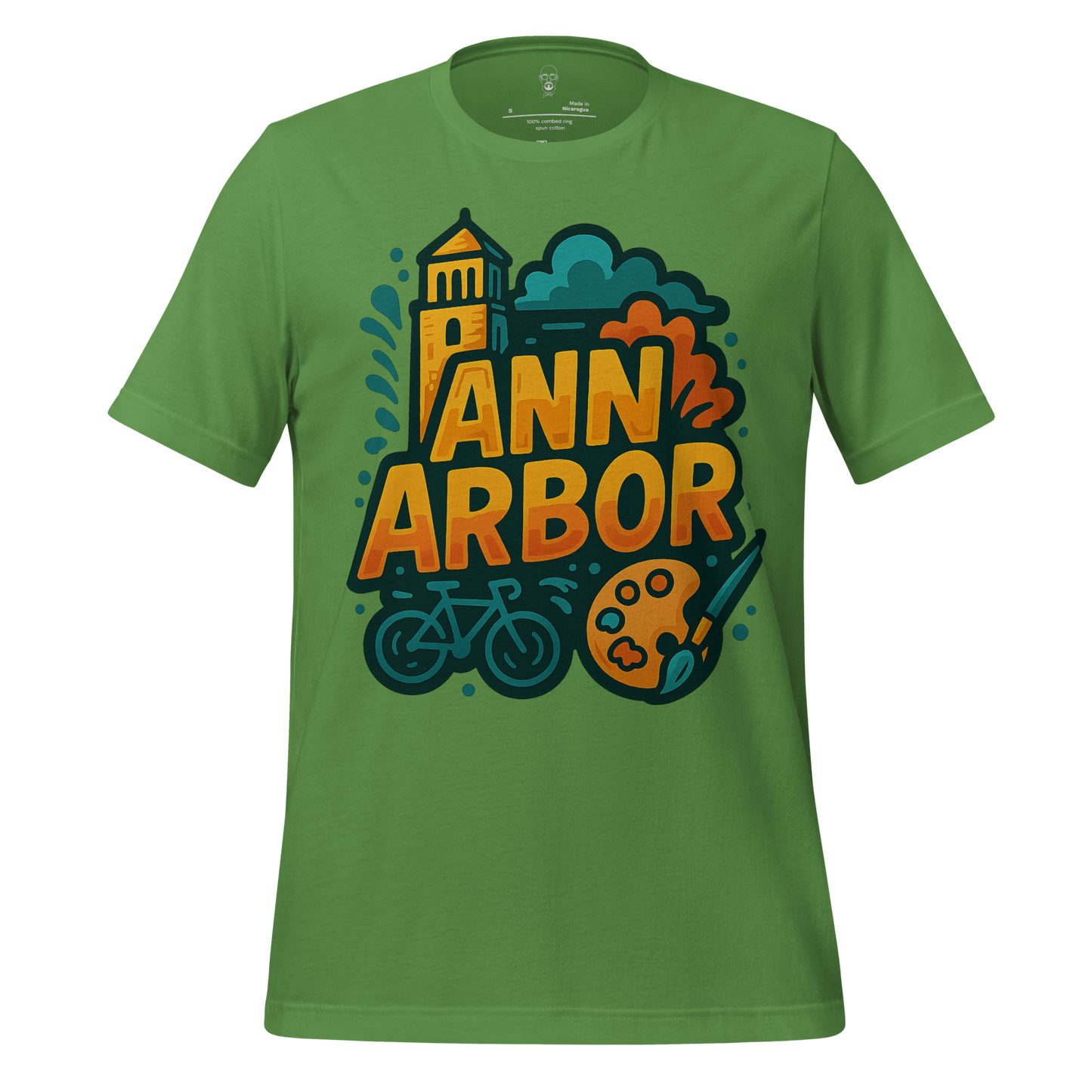 JMK Drip green Ann Arbor t-shirt with graphic design of tower, bike, and artist palette