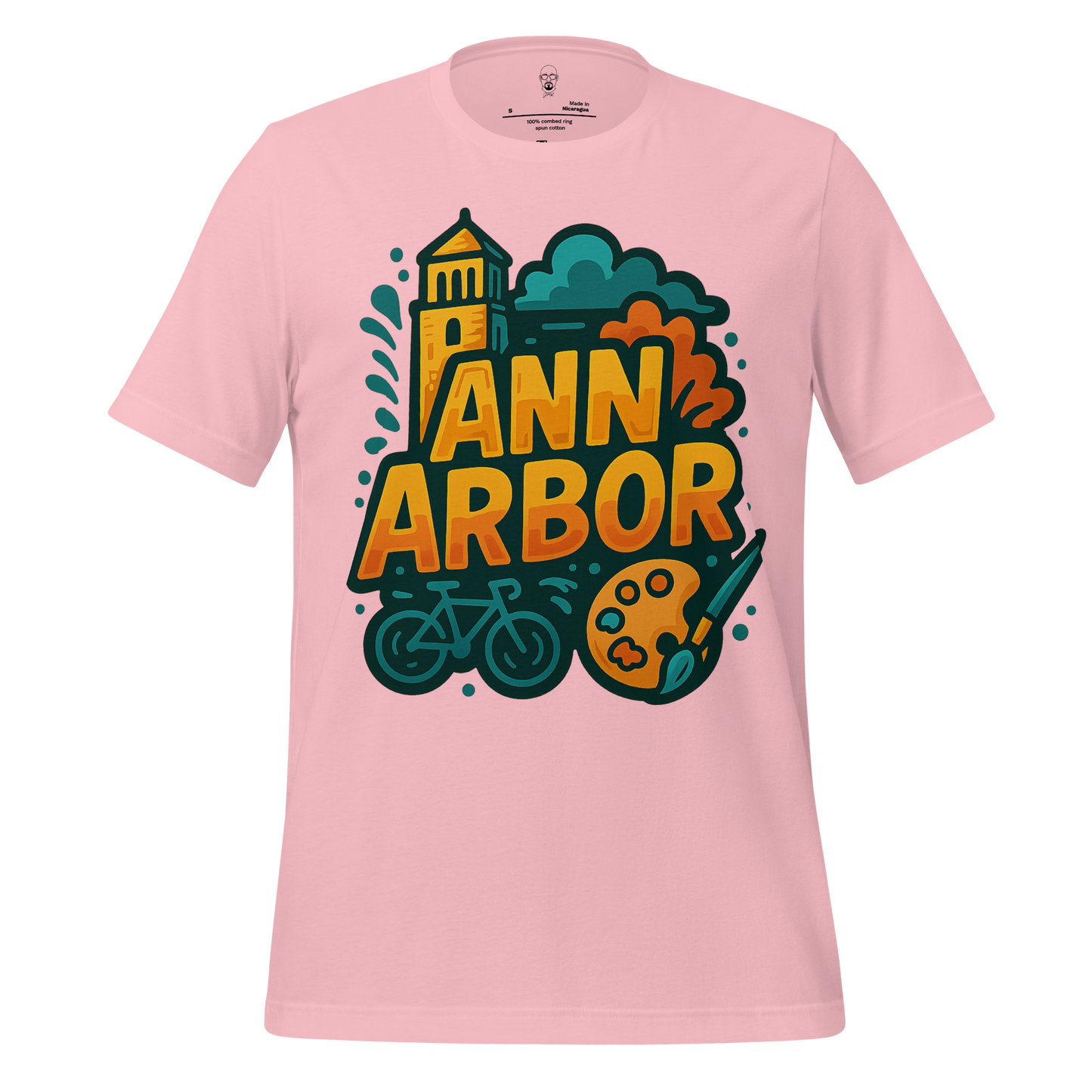 Pink Ann Arbor t-shirt by JMK Drip with colorful cityscape, bicycle, and artist palette graphics