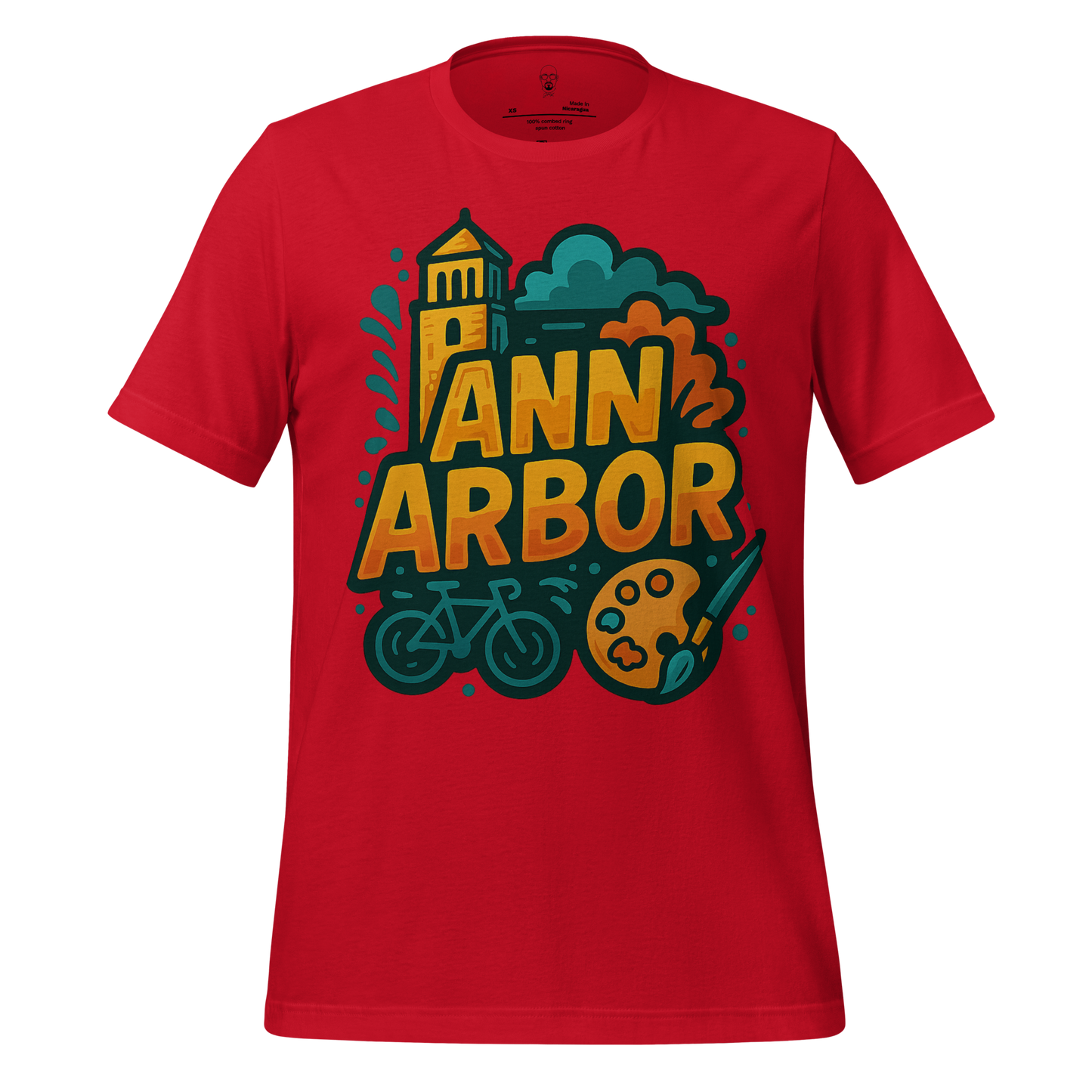 Red Ann Arbor t-shirt with colorful graphic of a tower, bicycle, and artist palette