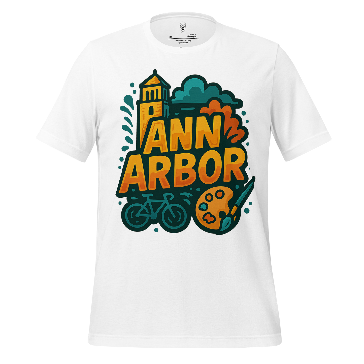 White Ann Arbor t-shirt by JMK Drip featuring colorful city design with bike and artist palette