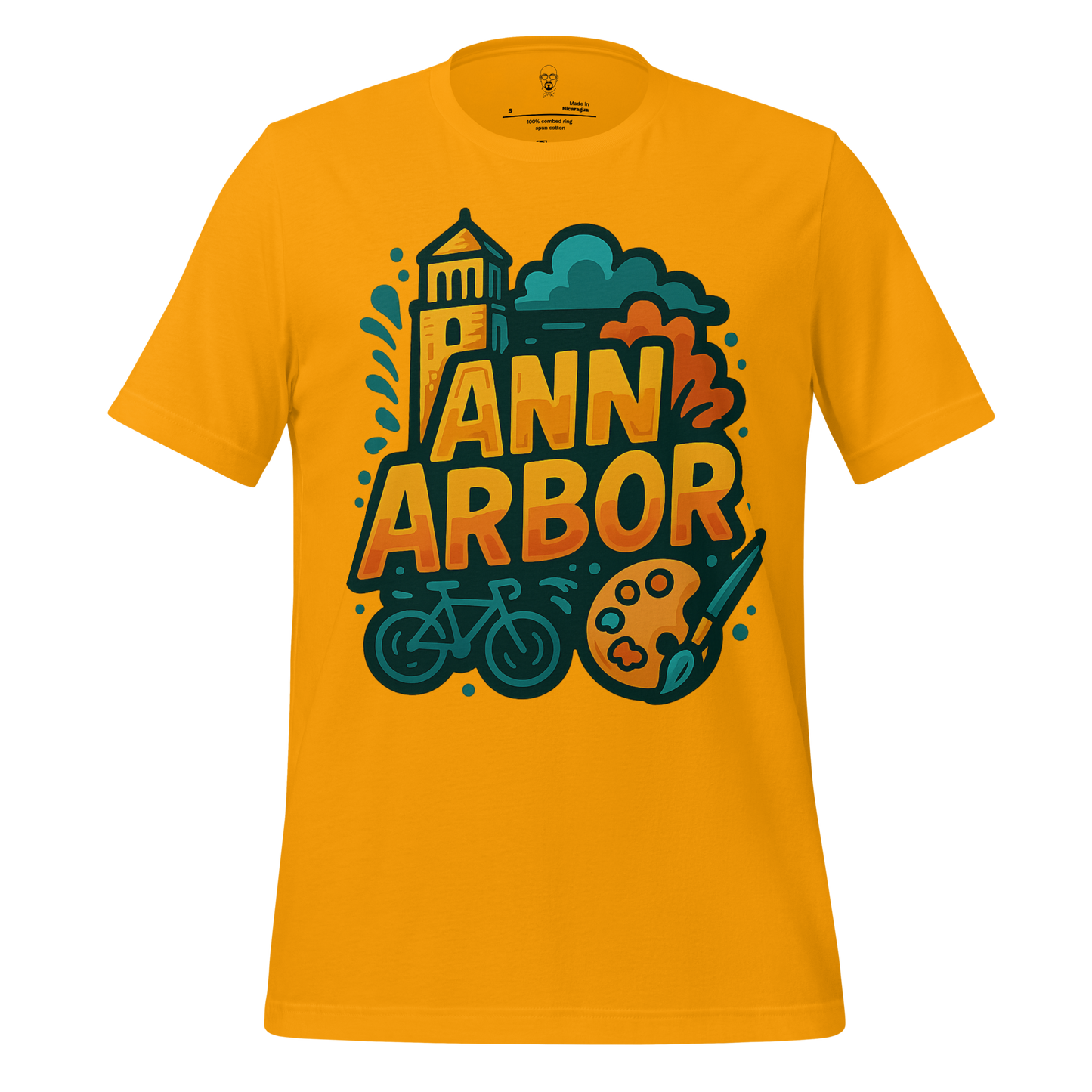 JMK Drip yellow Ann Arbor t-shirt with graphic design of tower bike and paint palette