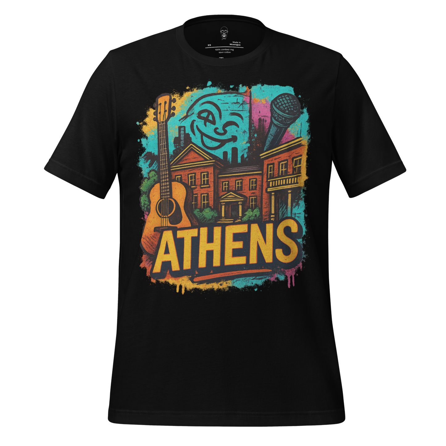 Black Athens Graphic T-Shirt by JMK Drip featuring colorful cityscape with guitar and microphone design