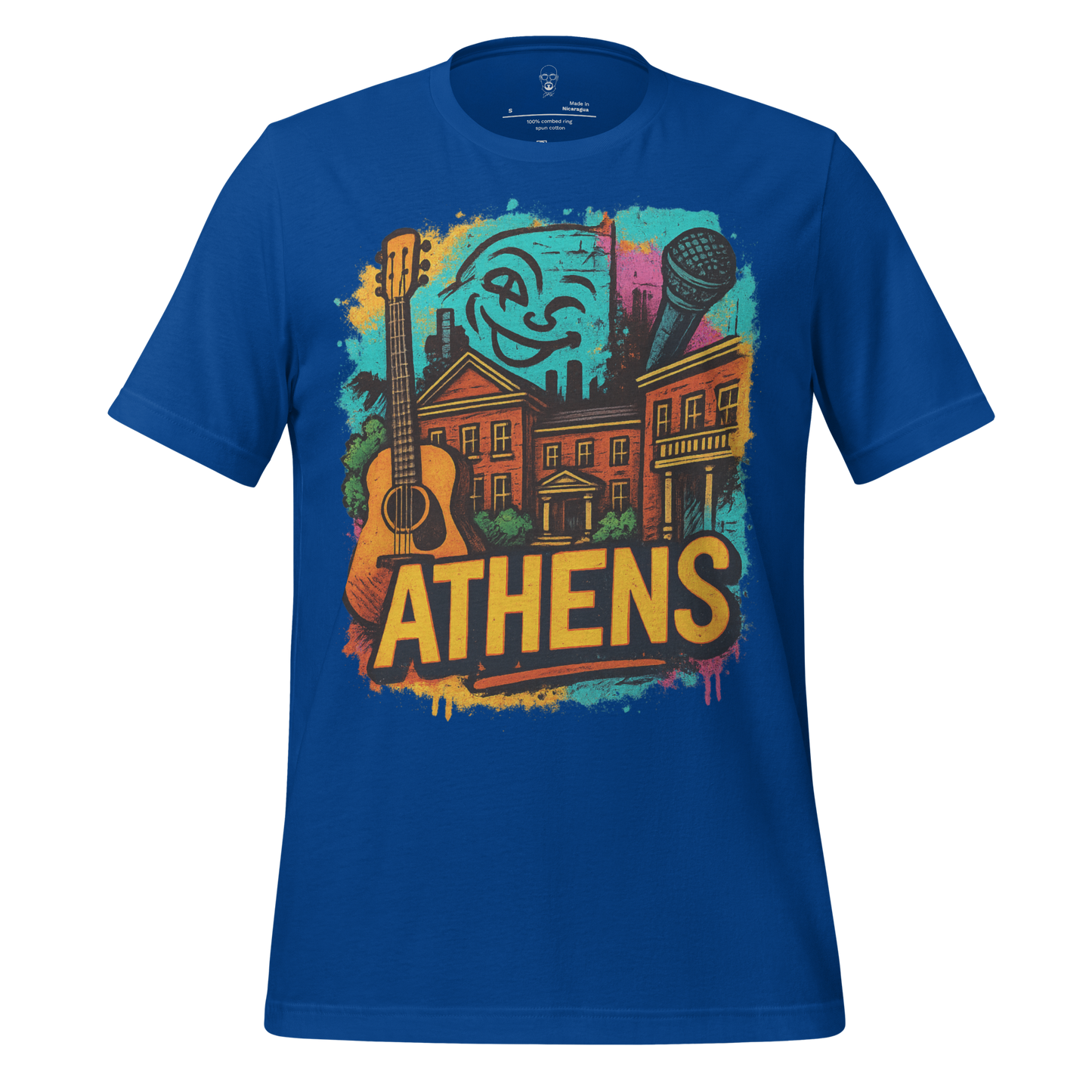 JMK Drip blue Athens Graphic T-Shirt with colorful cityscape, guitar, and microphone design
