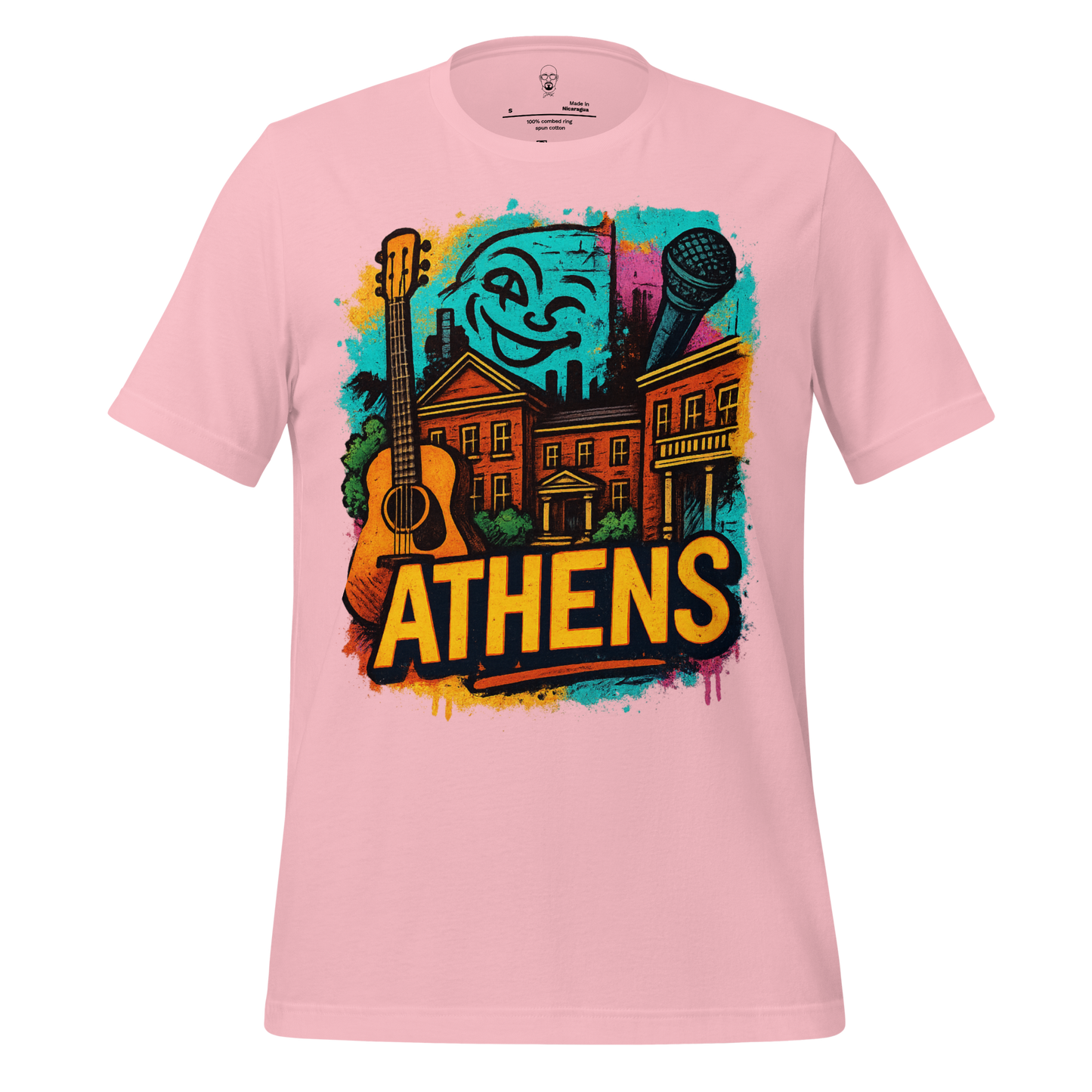 Pink Athens Graphic T-Shirt by JMK Drip featuring colorful guitar and microphone design with cityscape