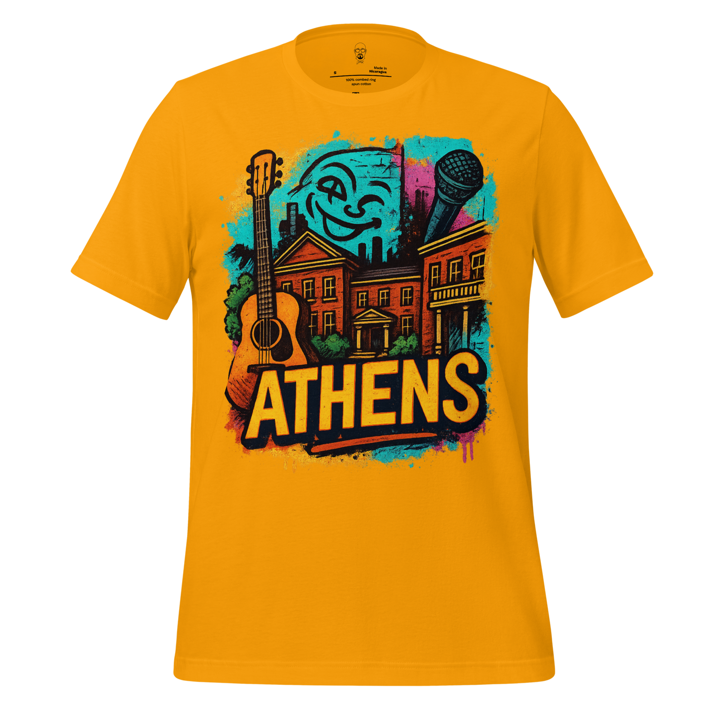 JMK Drip Athens Graphic T-Shirt with colorful cityscape, guitar, microphone, and bold Athens text on yellow