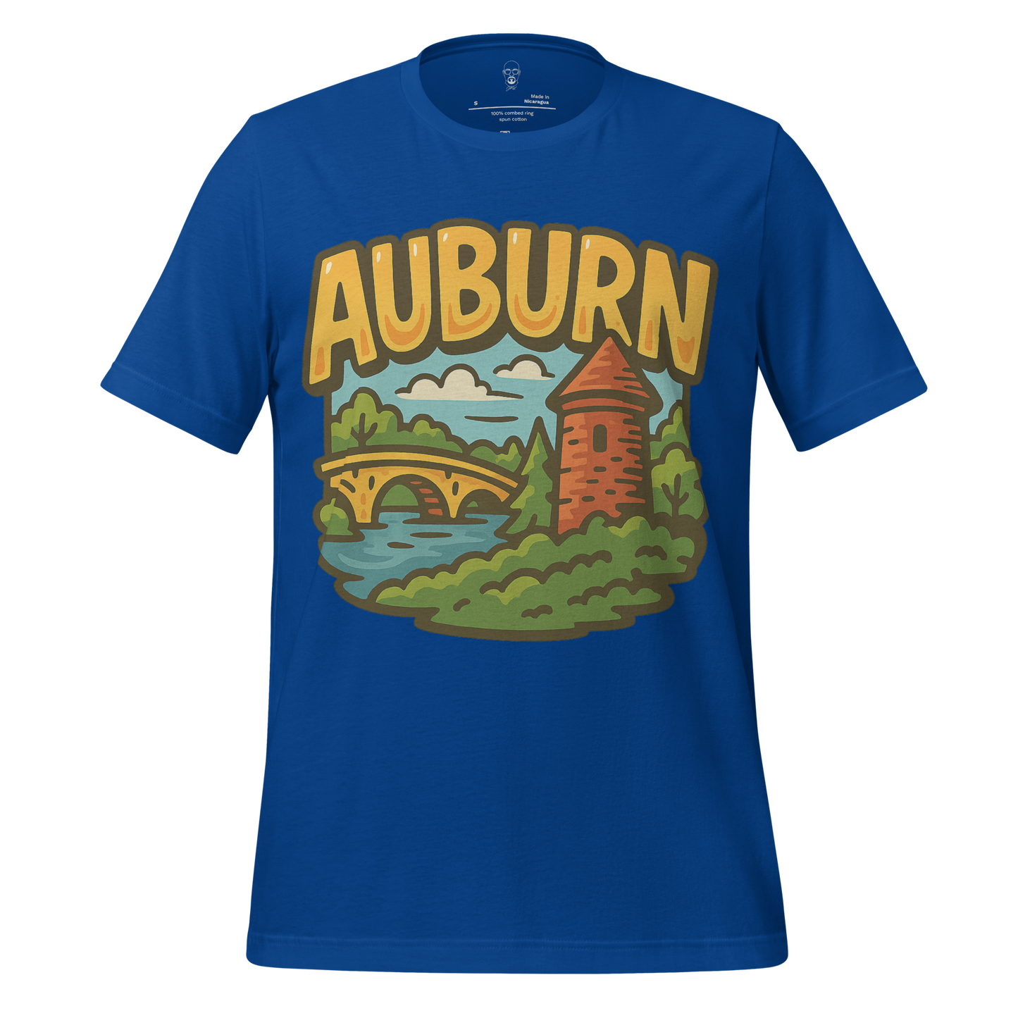 JMK Drip Auburn graphic t-shirt in blue with cartoon-style Auburn design featuring a bridge and tower