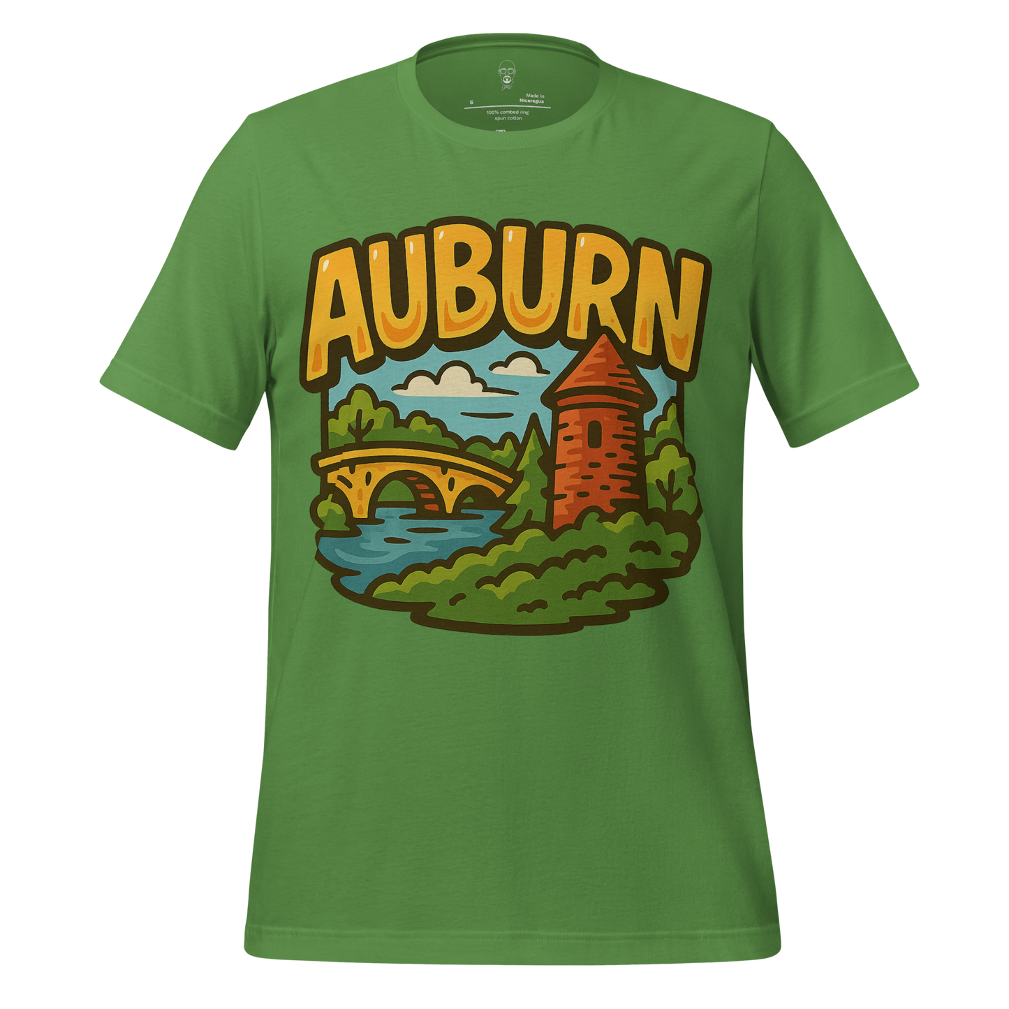 Green Auburn graphic t-shirt featuring colorful illustration of bridge and tower over river