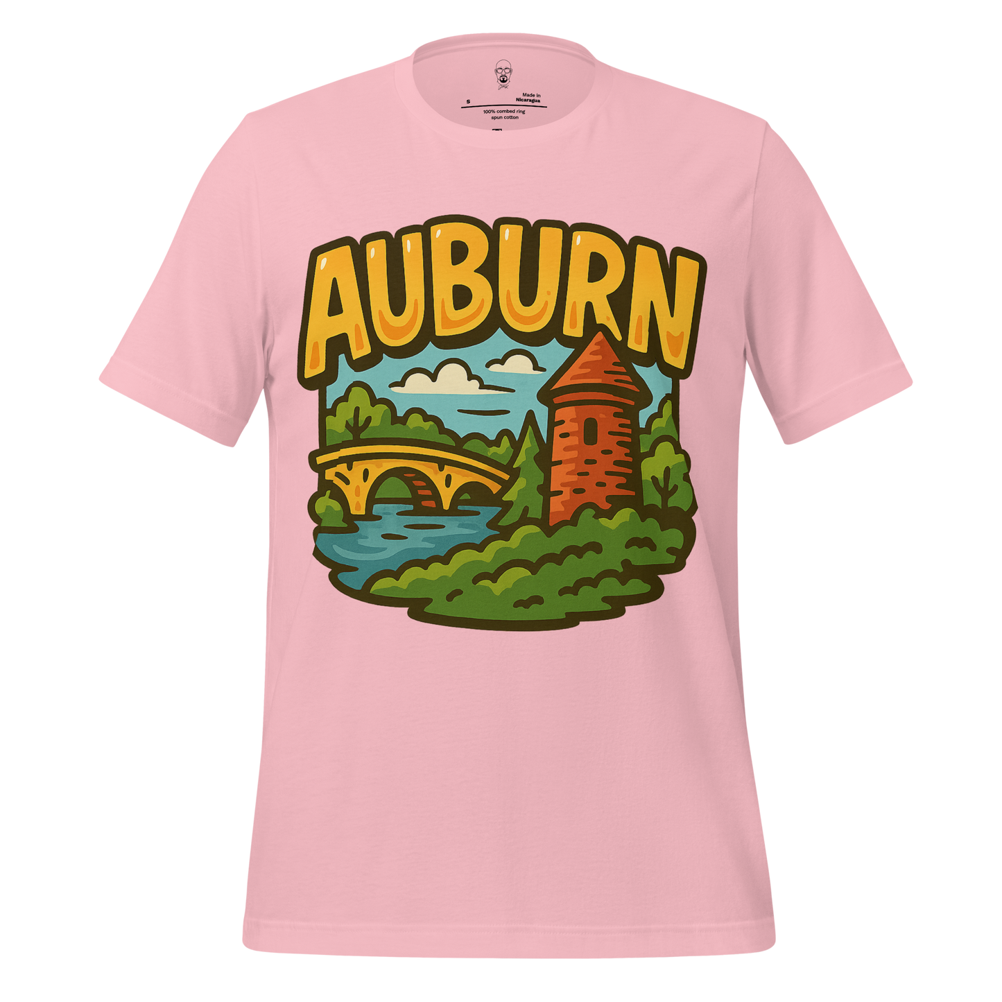 Pink Auburn graphic t-shirt featuring colorful cartoon landscape with bridge and tower design