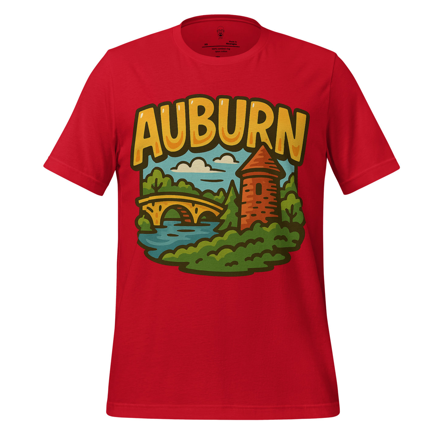 Red Auburn graphic t-shirt featuring a colorful illustration of a bridge, tower, and greenery