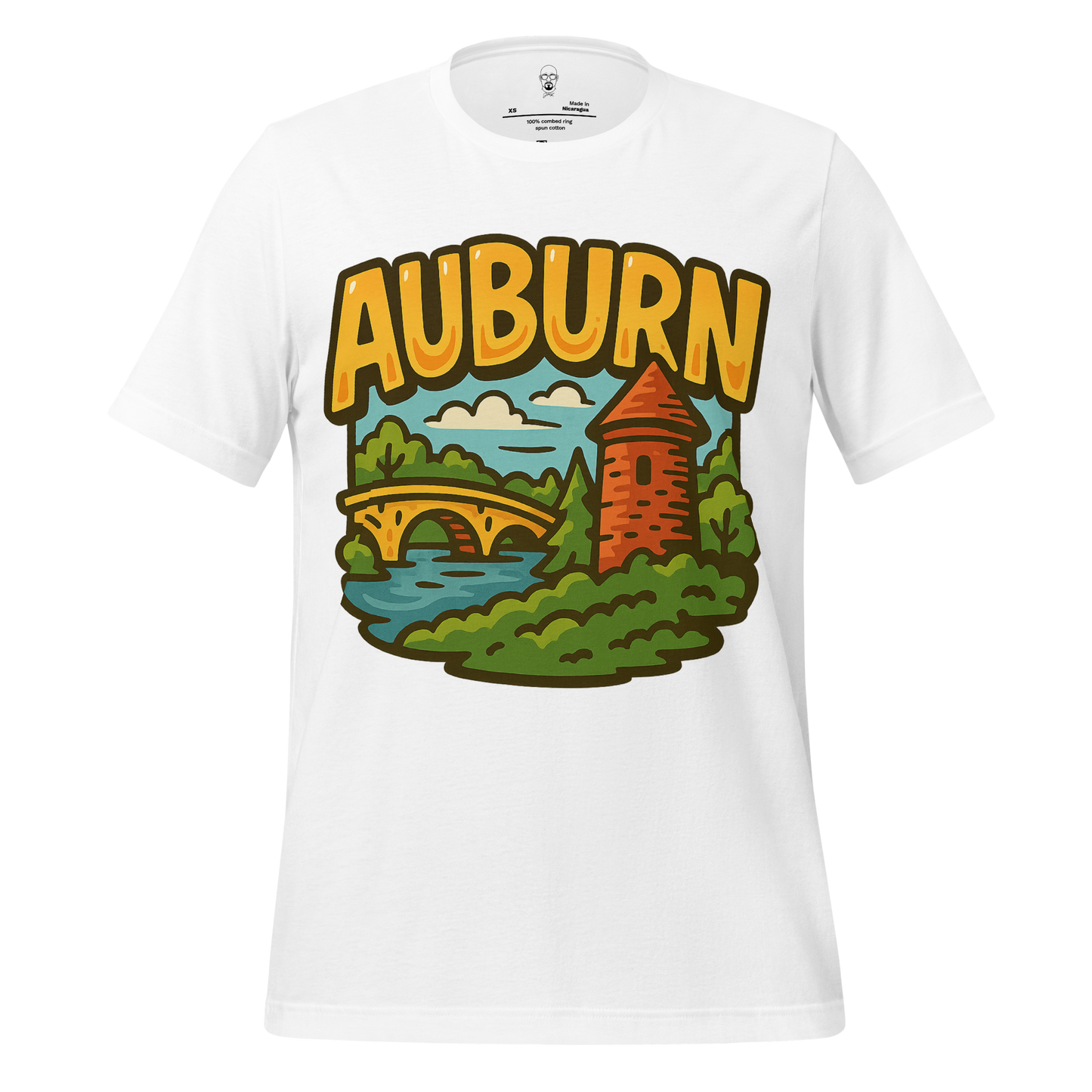 White Auburn graphic t-shirt with colorful illustration of a bridge, tower, and trees by JMK Drip