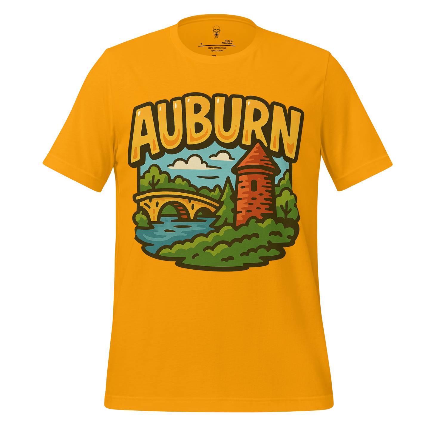 JMK Drip Auburn graphic t-shirt in yellow with scenic bridge and tower design
