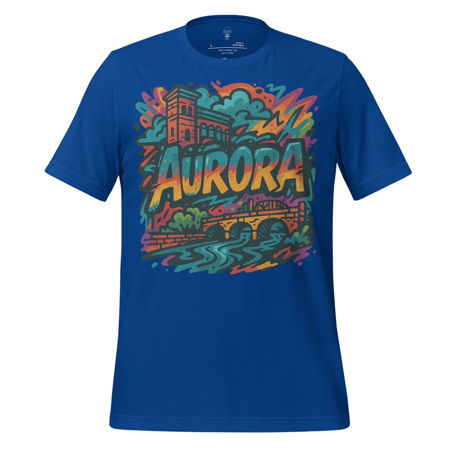 JMK Drip blue Aurora Graphic T-Shirt with colorful cityscape and bridge design