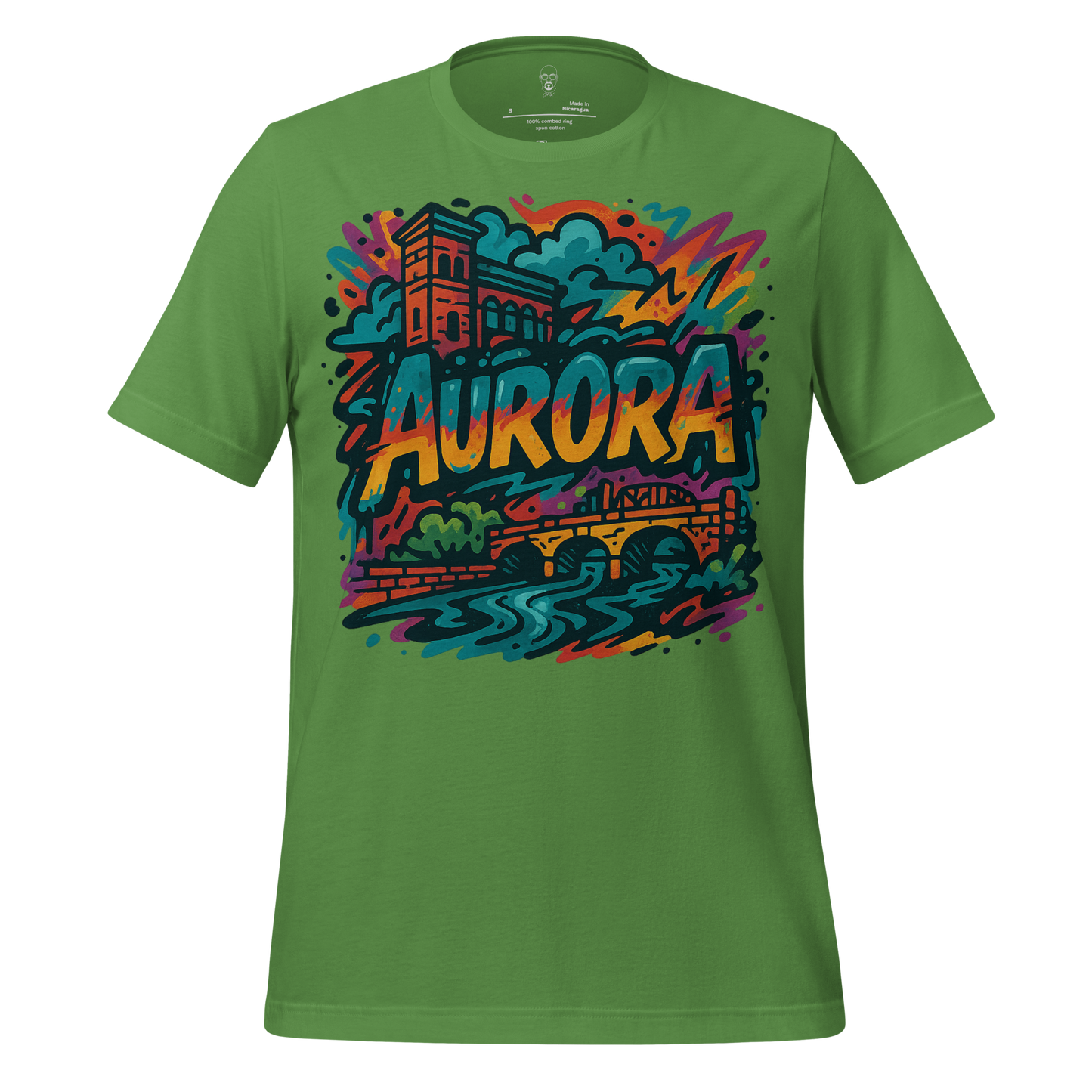 Green Aurora Graphic T-Shirt with colorful cityscape and river design by JMK Drip