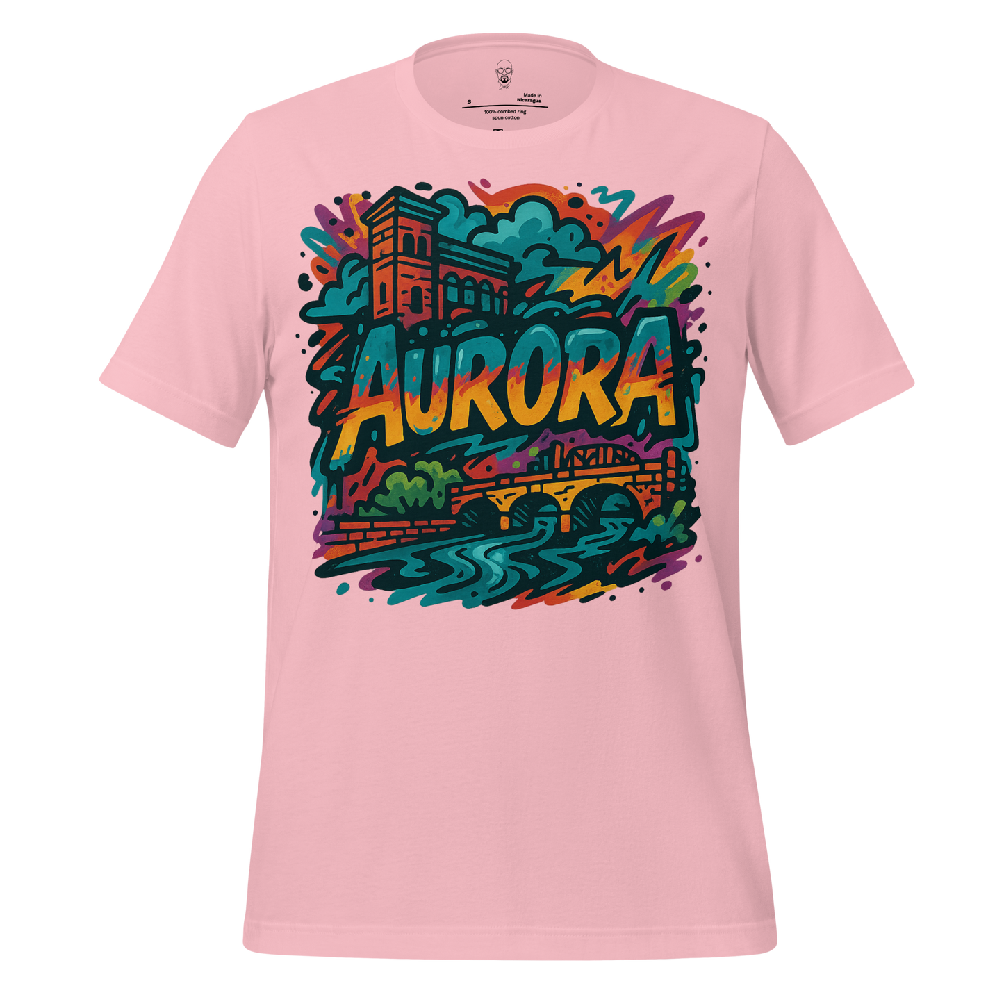 Pink JMK Drip Aurora Graphic T-Shirt with colorful cityscape and river design