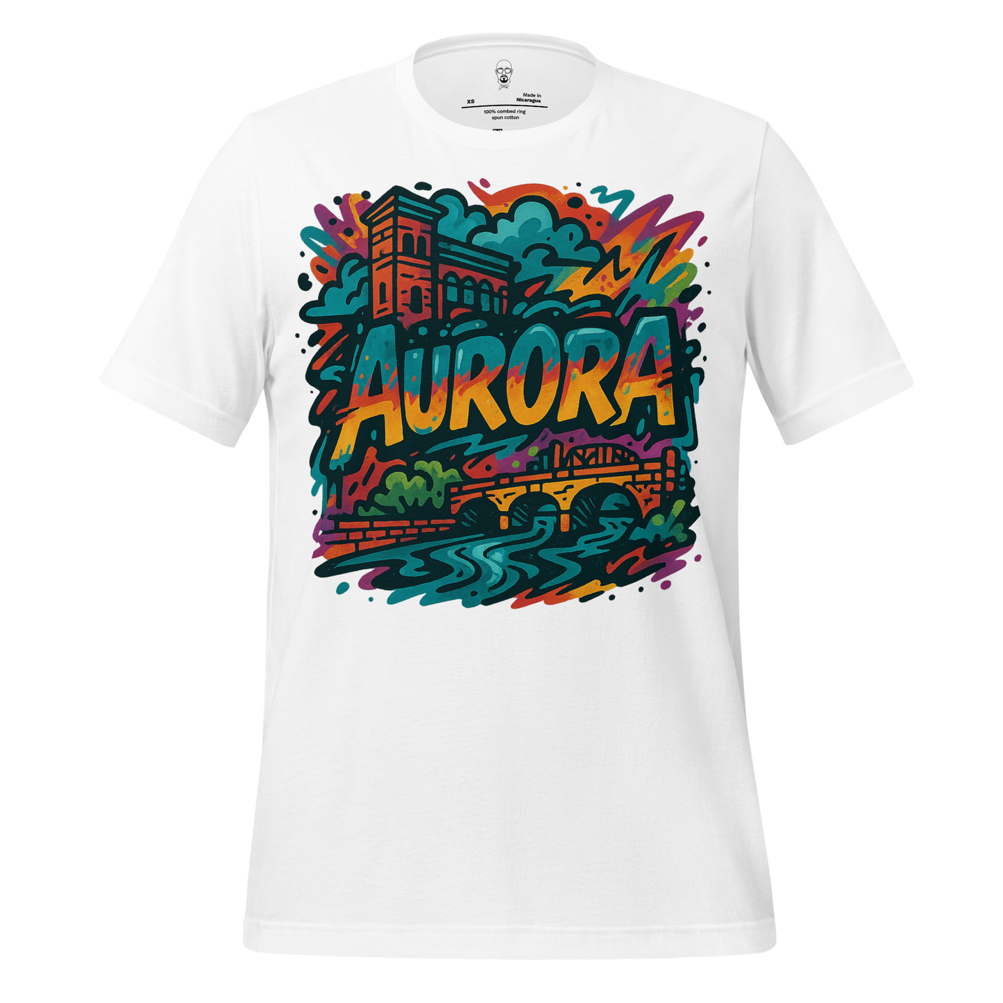 White T-shirt featuring a colorful Aurora Graphic T-Shirt design with buildings and river art