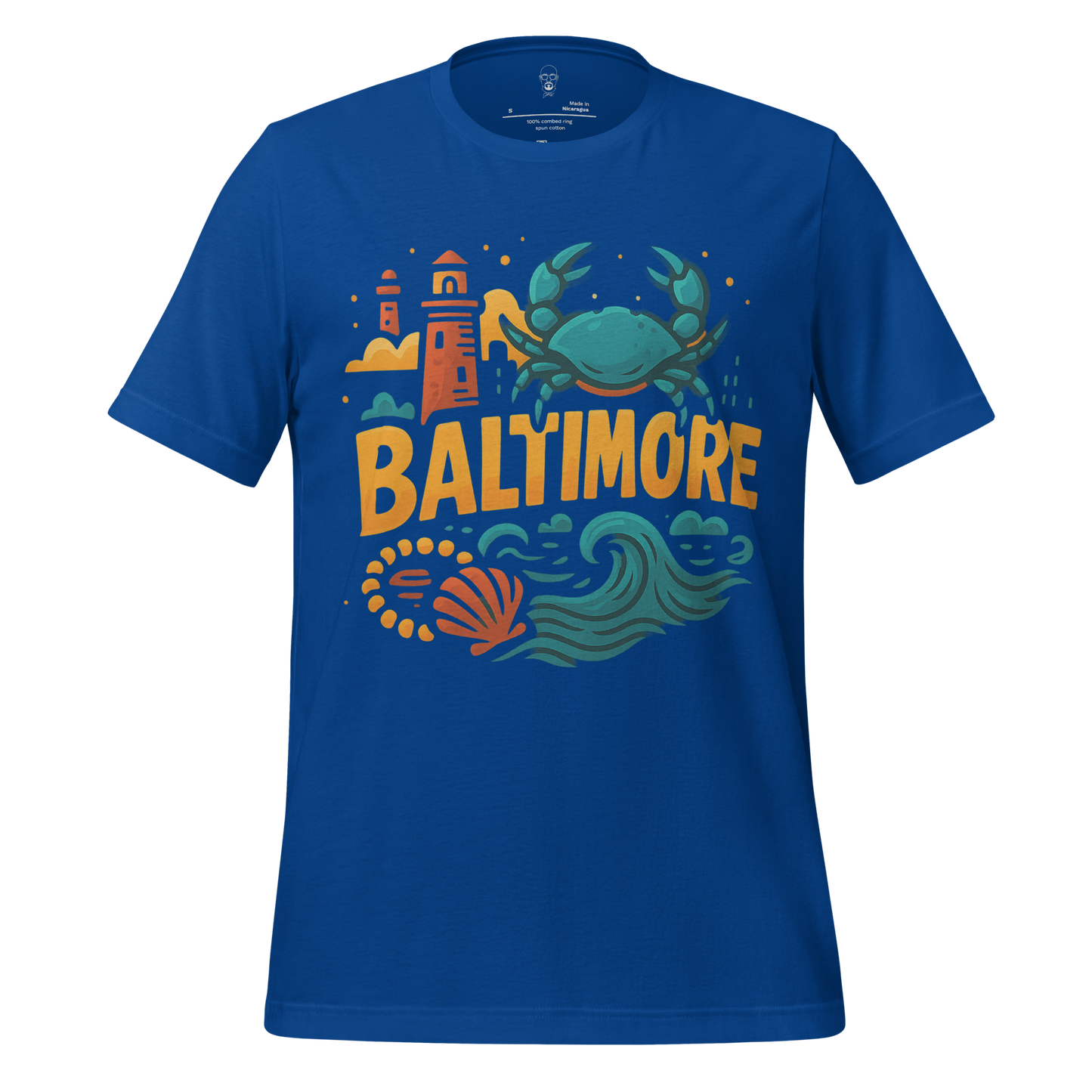 Blue Baltimore graphic t-shirt featuring a crab, lighthouse, and ocean waves design