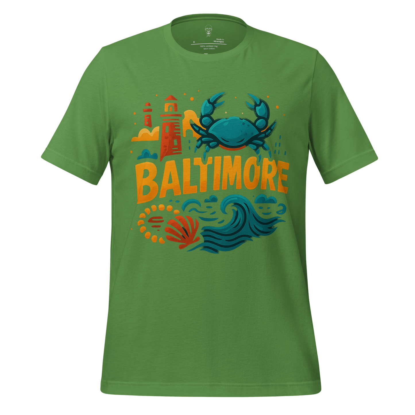 Green Baltimore graphic t-shirt featuring a blue crab lighthouse shell and waves design