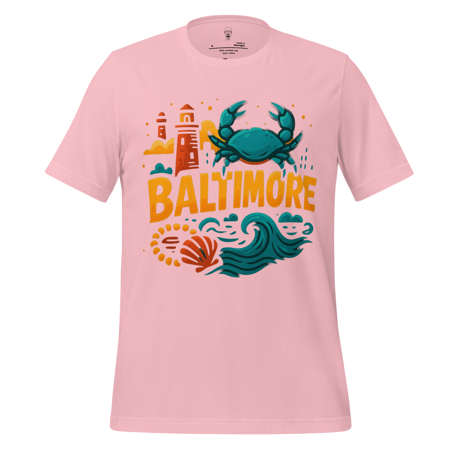 Pink Baltimore graphic t-shirt by JMK Drip with crab, lighthouse, shell, and ocean wave design