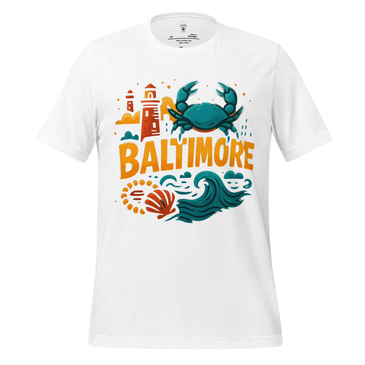 White Baltimore graphic t-shirt featuring a blue crab, lighthouse, waves, and seashell design by JMK Drip