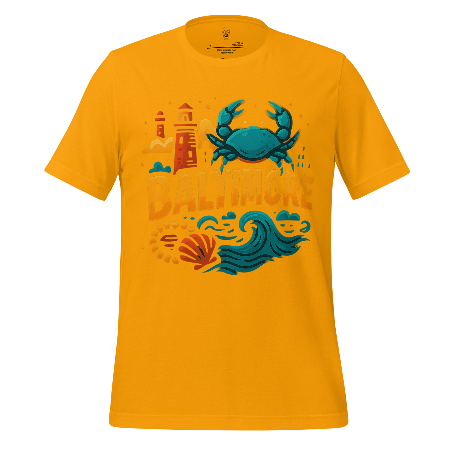 JMK Drip yellow Baltimore graphic t-shirt featuring a blue crab, lighthouse, waves, and seashell design