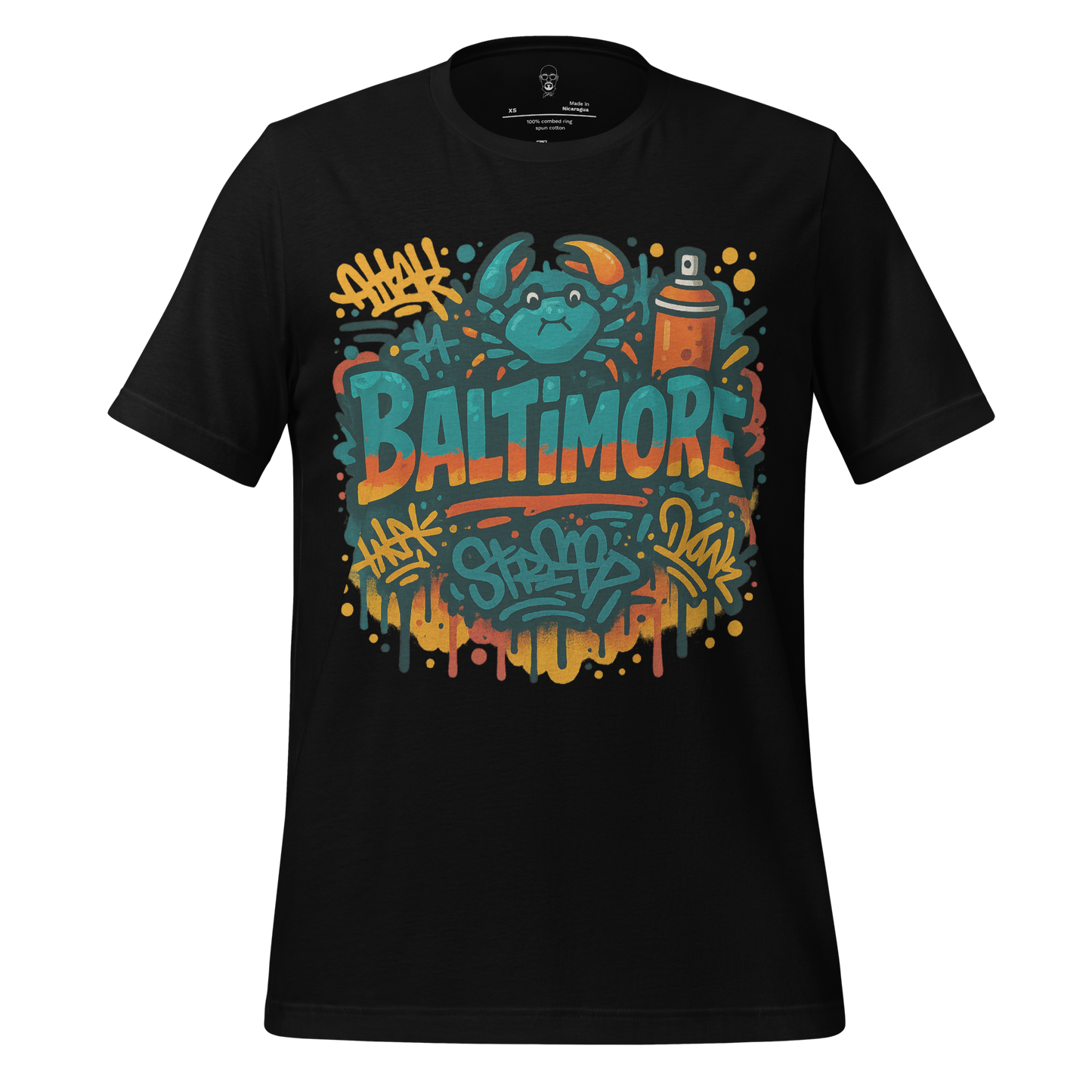 Black Baltimore graphic tee with colorful graffiti design featuring a crab and spray paint can
