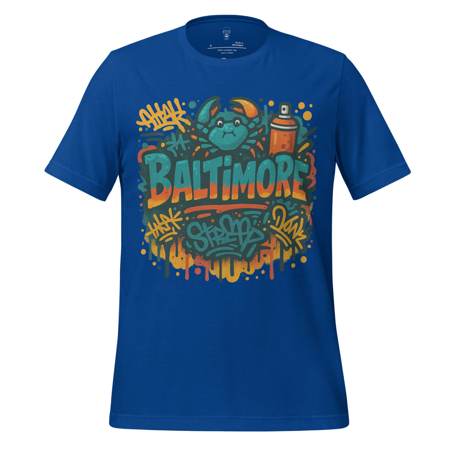 Blue Baltimore graphic tee by JMK Drip featuring graffiti art and crab design