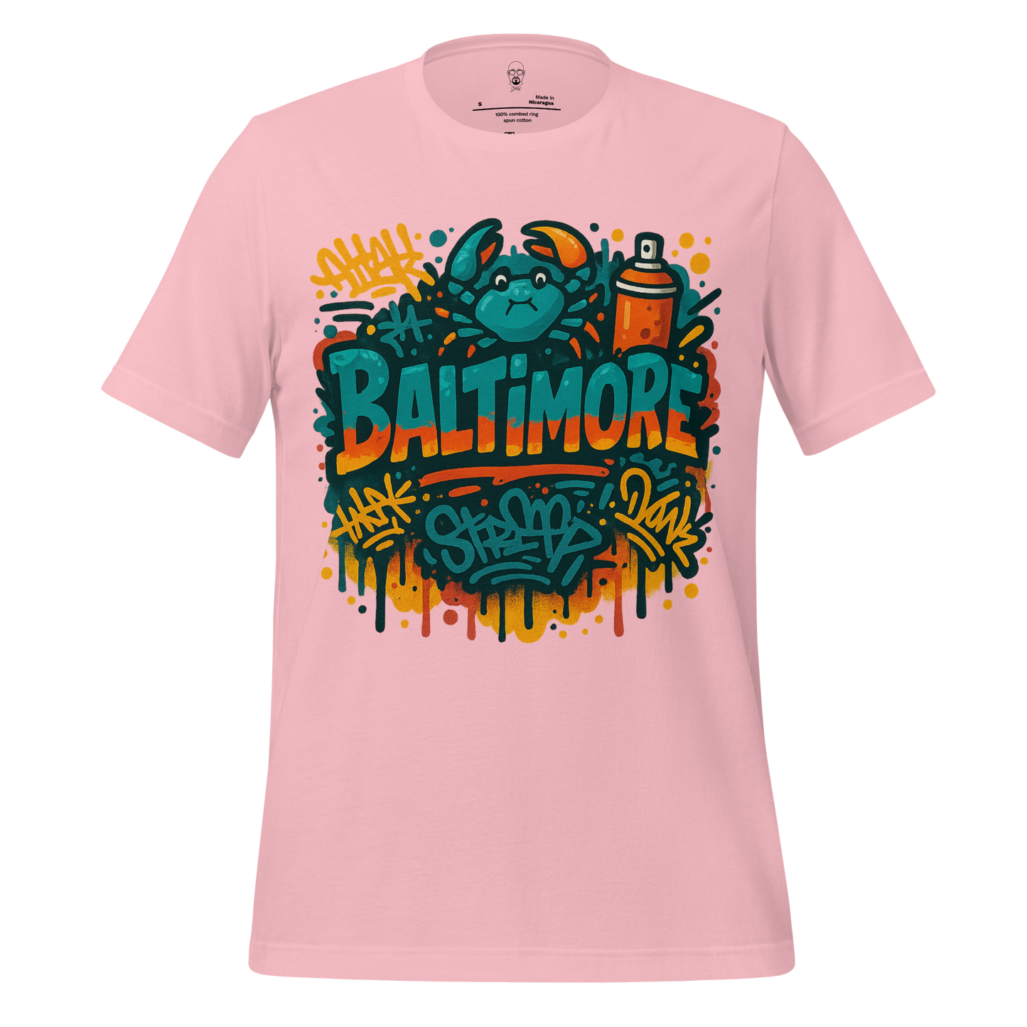 Pink Baltimore graphic tee by JMK Drip featuring a colorful crab and spray paint design