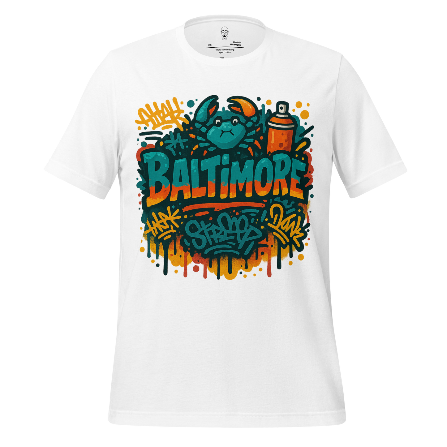 White Baltimore graphic tee with colorful crab and spray paint graffiti design by JMK Drip