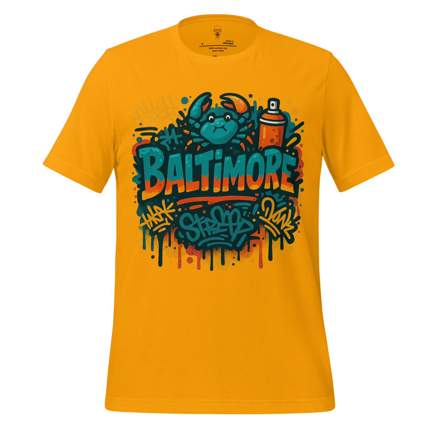 JMK Drip yellow Baltimore graphic tee featuring a crab and spray paint can graffiti design