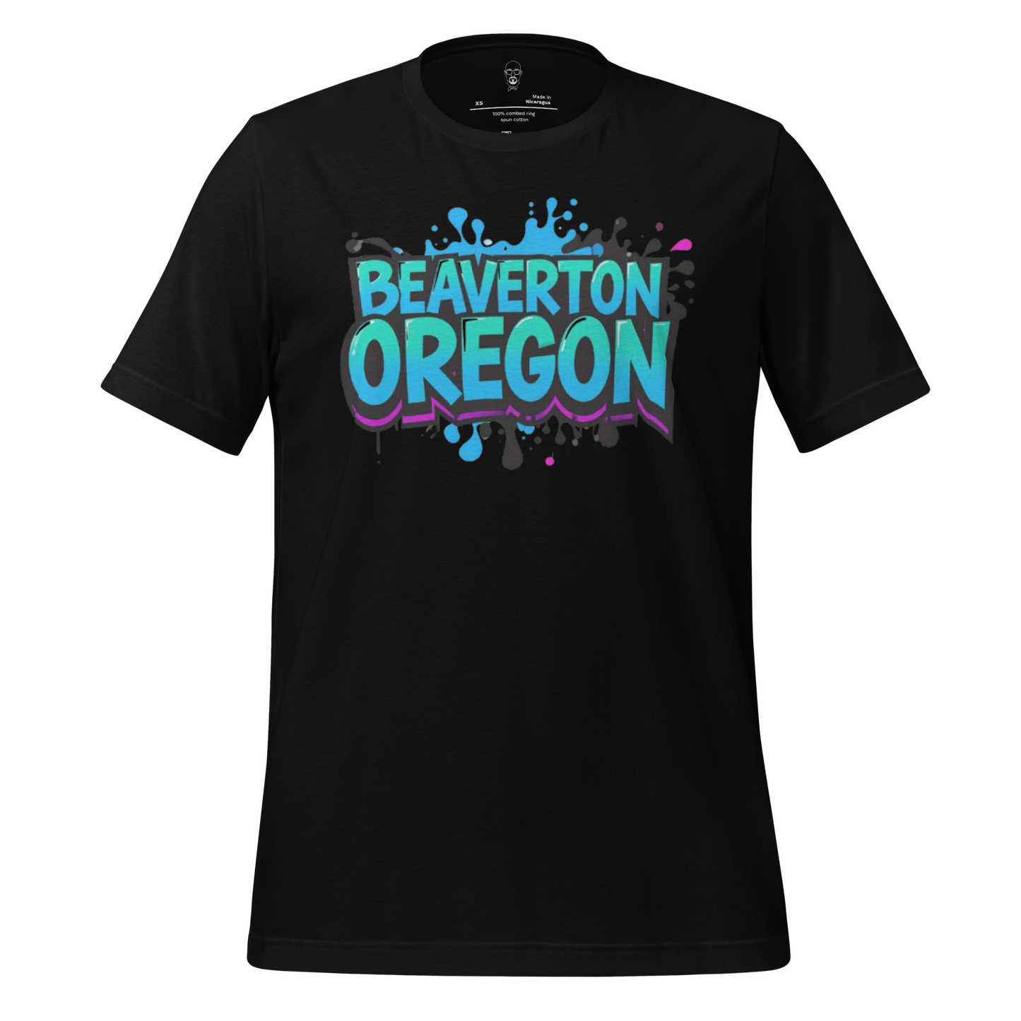 Black JMK Drip Beaverton Oregon graphic t-shirt with vibrant blue and purple splash design