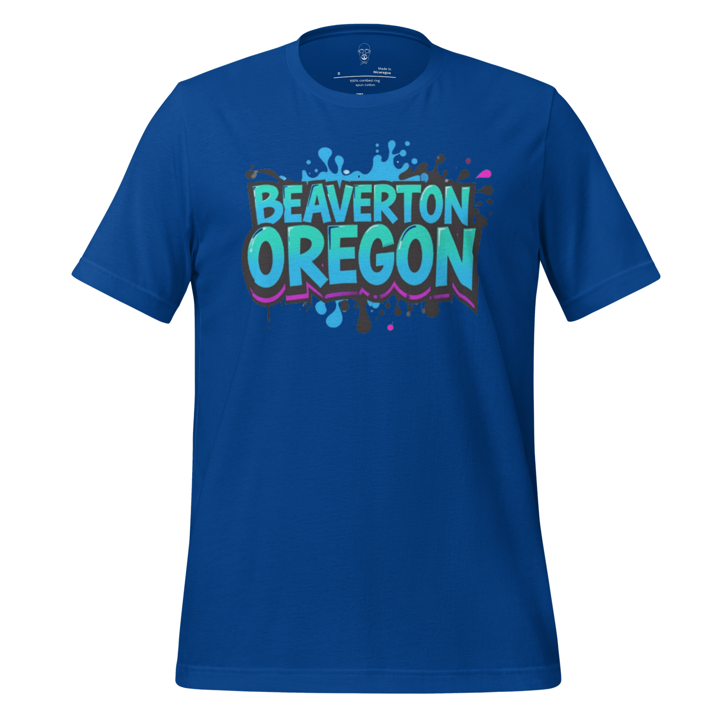 JMK Drip blue Beaverton Oregon graphic t-shirt with colorful splash design