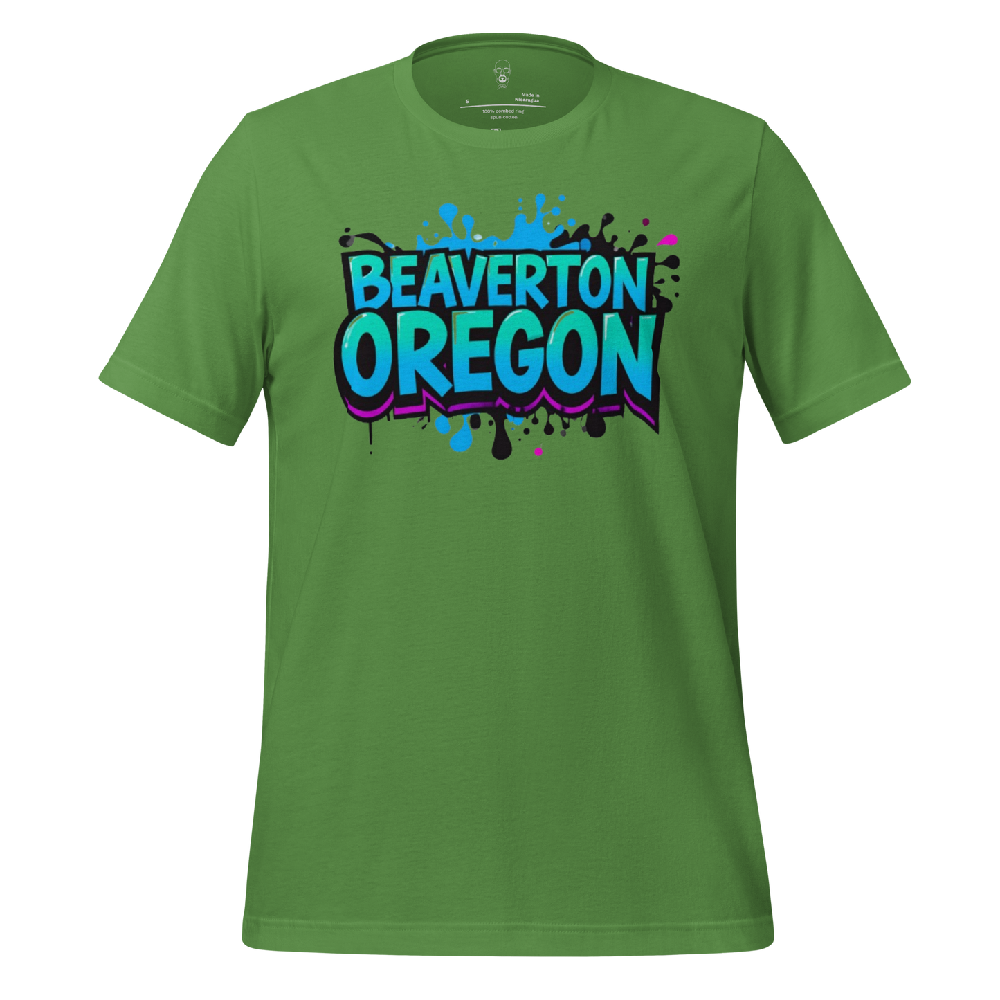 Green JMK Drip Beaverton Oregon graphic t-shirt with blue and black splatter design