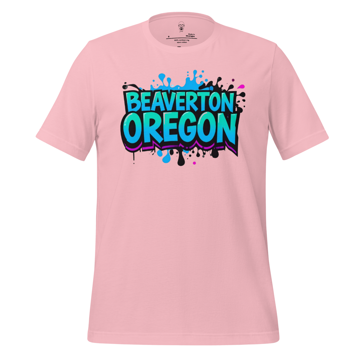 Pink Beaverton Oregon graphic t shirt with blue and black splash design by JMK Drip