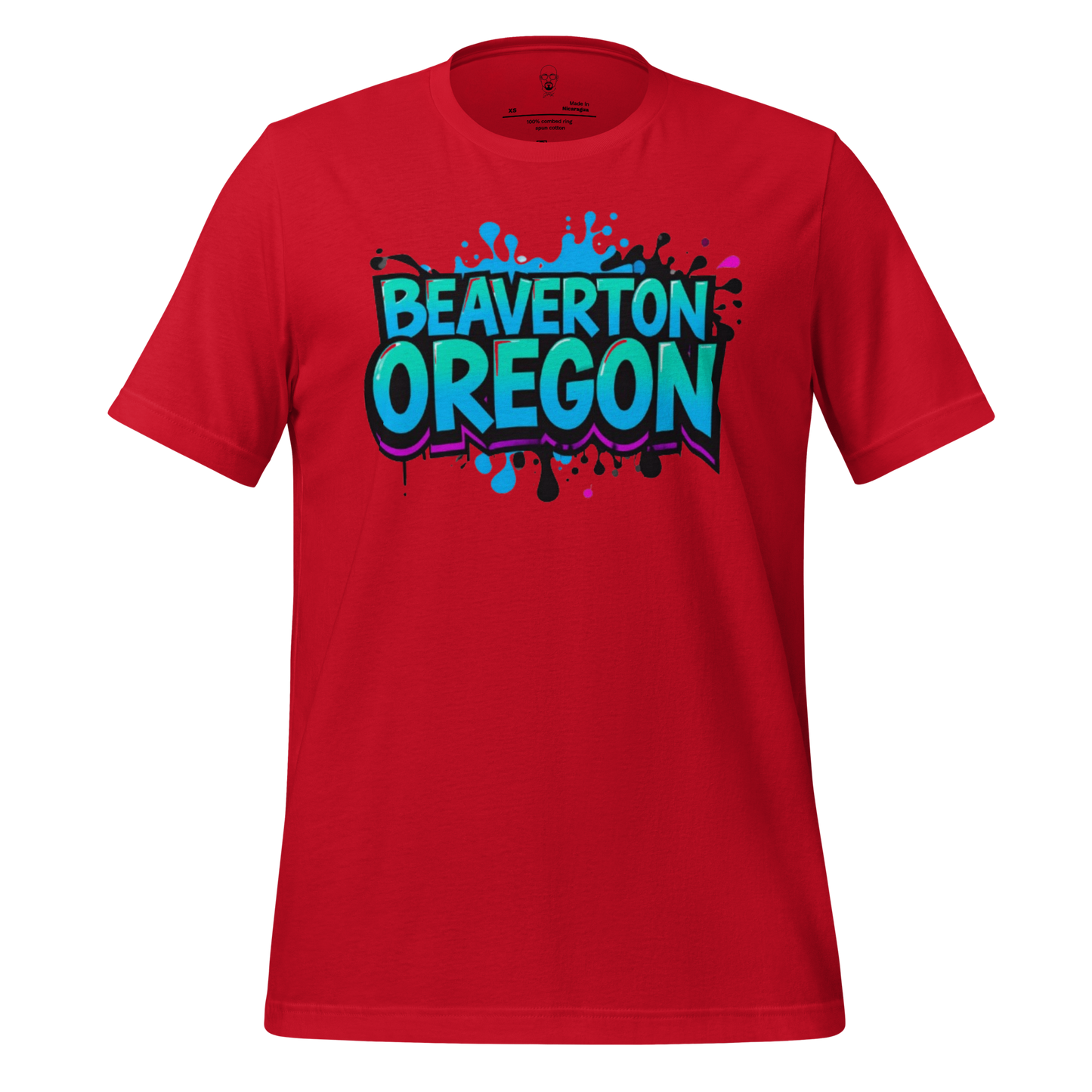 Red t-shirt with colorful Beaverton Oregon graphic t-shirt text and paint splash design by JMK Drip
