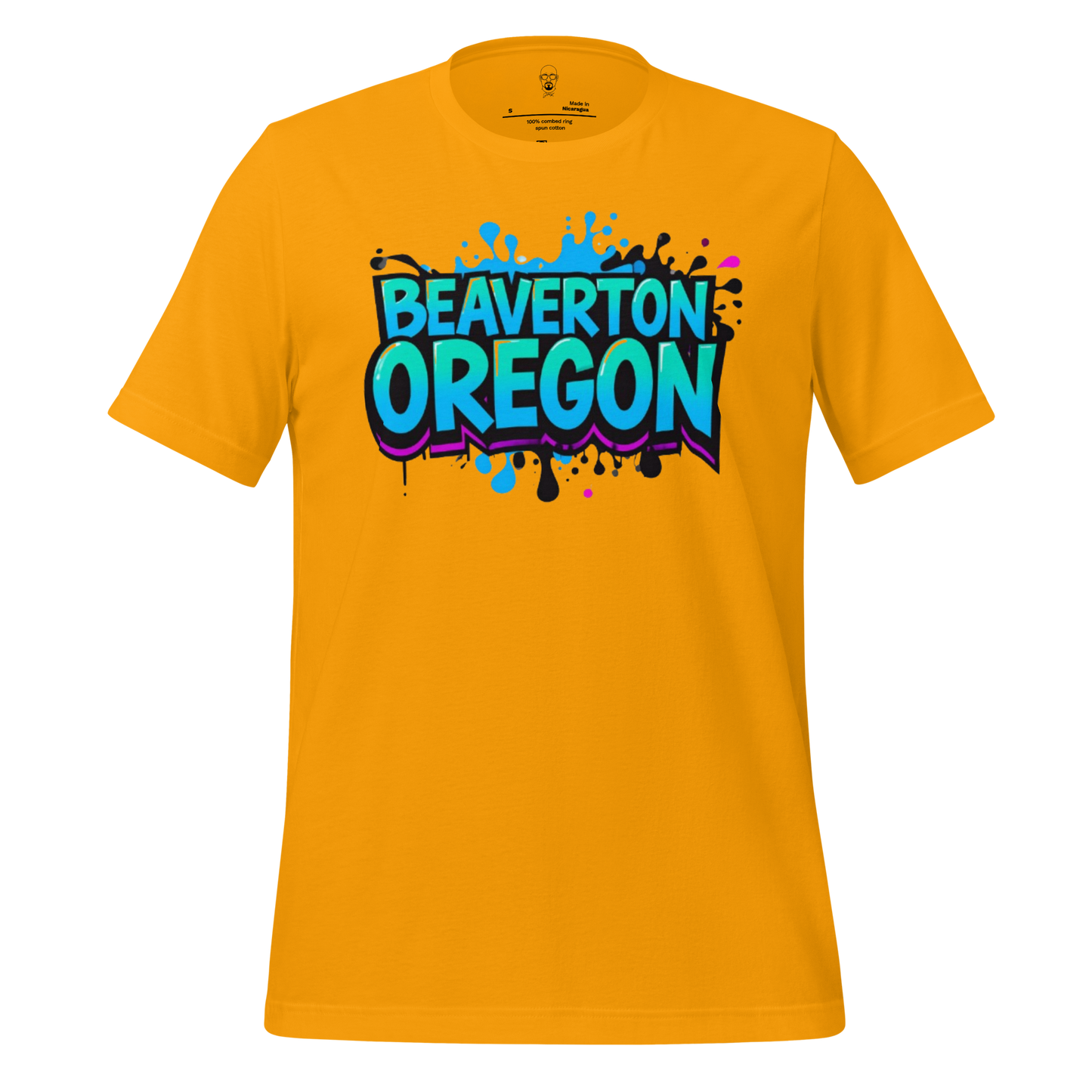 JMK Drip yellow Beaverton Oregon graphic t-shirt with blue and purple splash design