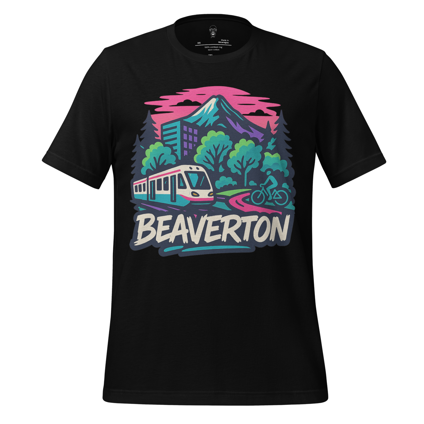 JMK Drip black Beaverton t-shirt featuring colorful mountain, train, and cyclist graphic design