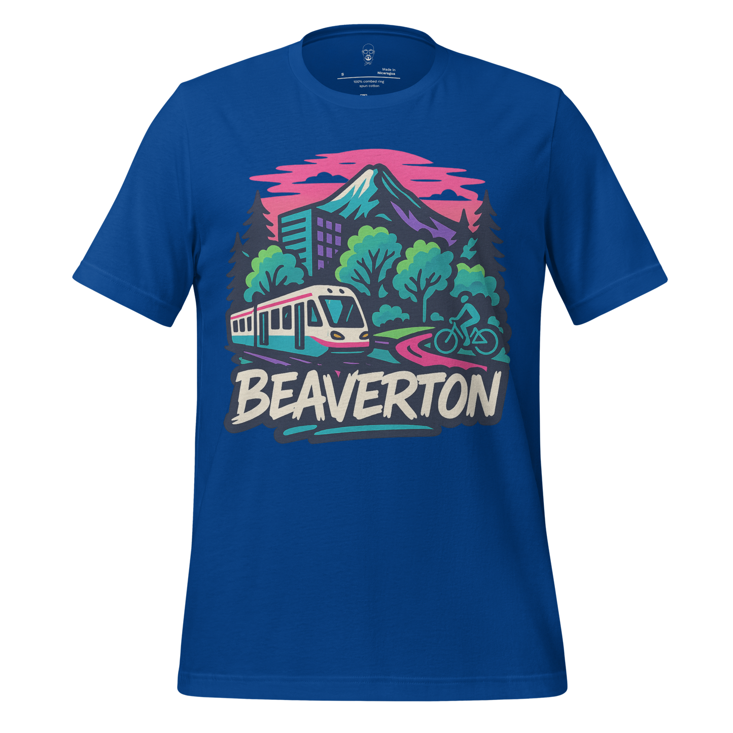 JMK Drip blue Beaverton t-shirt with mountain, train, trees, and cyclist graphic design