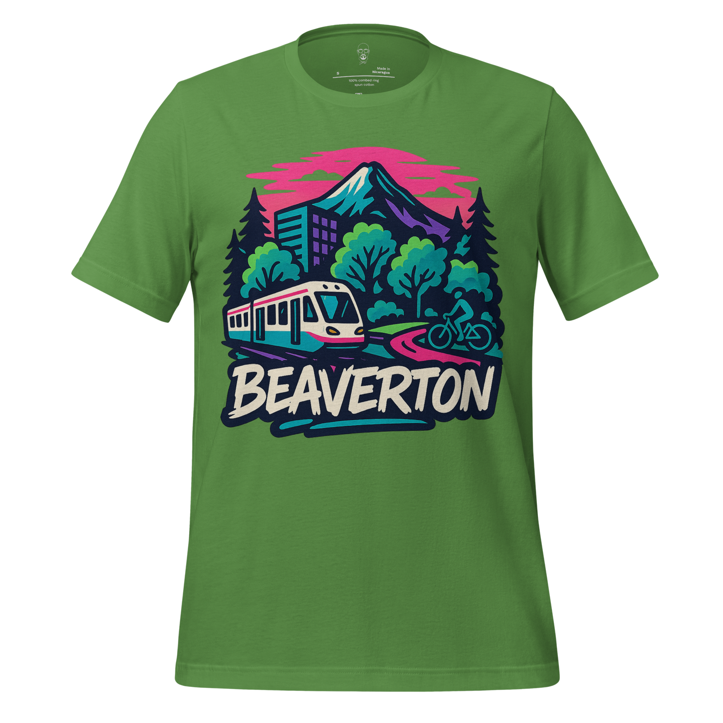 Green Beaverton t-shirt by JMK Drip with mountain, train, cyclist, and forest graphic design